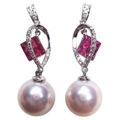 【Sculpted Geometry】Geometric Ruby & Akoya Pearl Drop Earrings