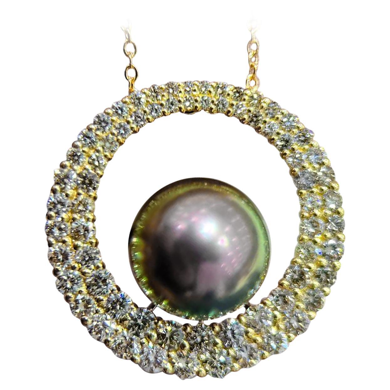 【Sculpted Geometry】Halo Structure Tahitian Pearl Diamond Pendant For Sale