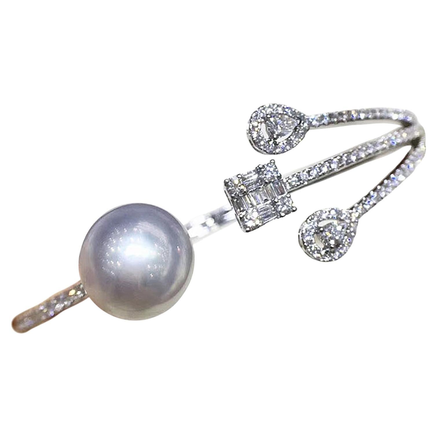 【Sculpted Geometry】Modern South Sea Pearl Baguette Diamond Open Cuff Bracelet