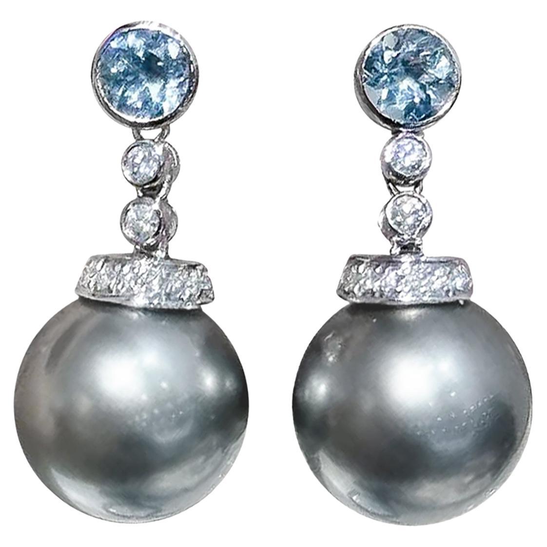【Geometria scolpita】Ocean Spark Aurora Tahitian Pearl Aquamarine Diamond Earrings