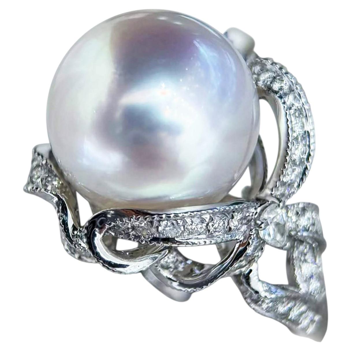 【Sculpted Geometry】Ribbon Diamond South Sea Pearl Ring with 18K White Gold