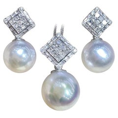【Geometria scolpita】 Set di orecchini e pendenti con perle dei mari del sud e diamanti