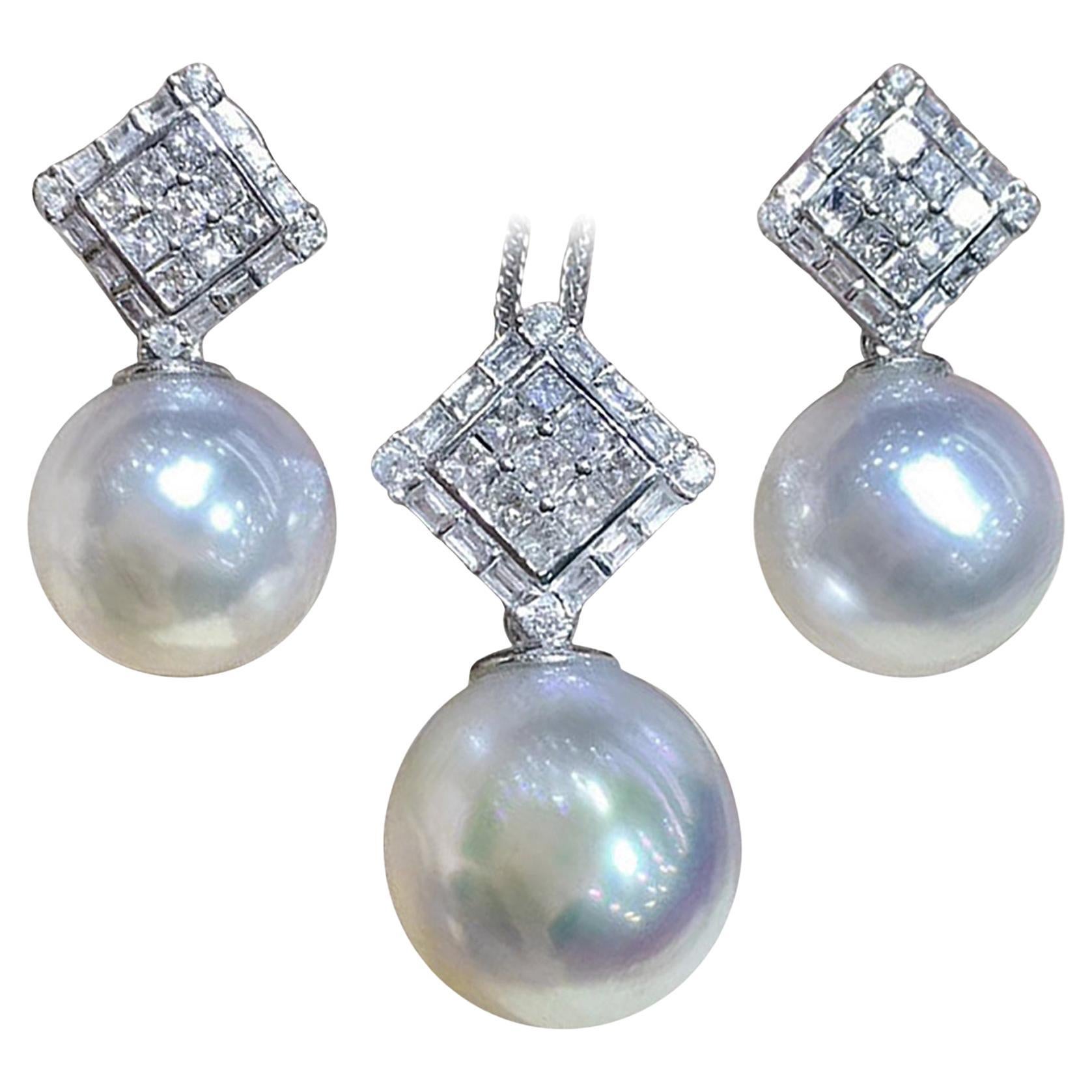 【Sculpted Geometry】Südsee Perle und Diamant Ohrringe und Anhänger Set im Angebot
