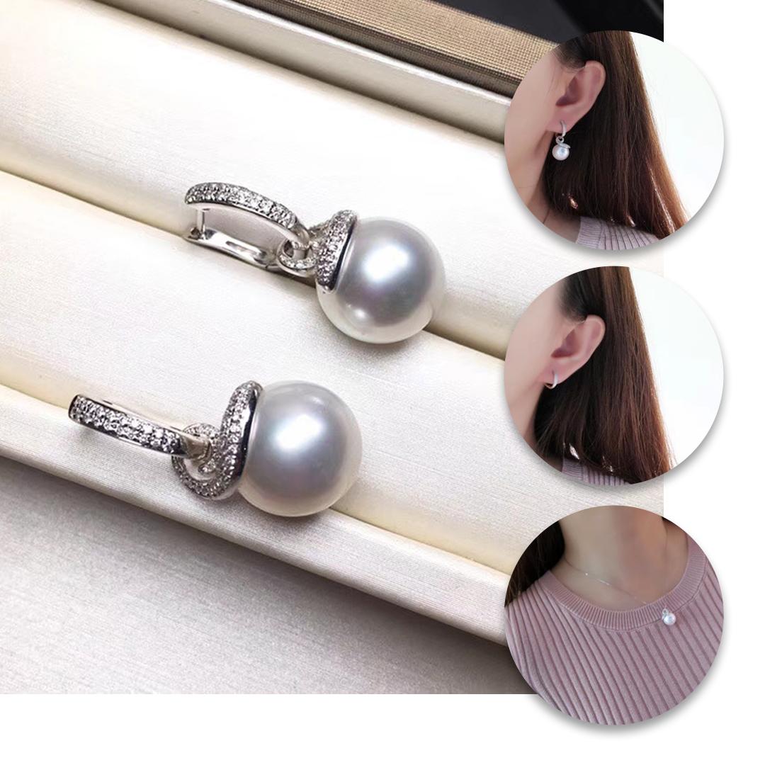 Grezzo 【Geometria scolpita】 Orecchini convertibili con diamanti e perle dei mari del sud in vendita