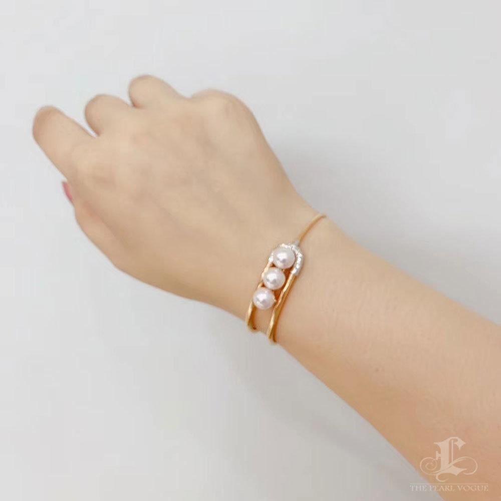 【Geometría Esculpida】Perla Akoya Triple Pulsera de Diamantes Ajustable Sin cortar en venta