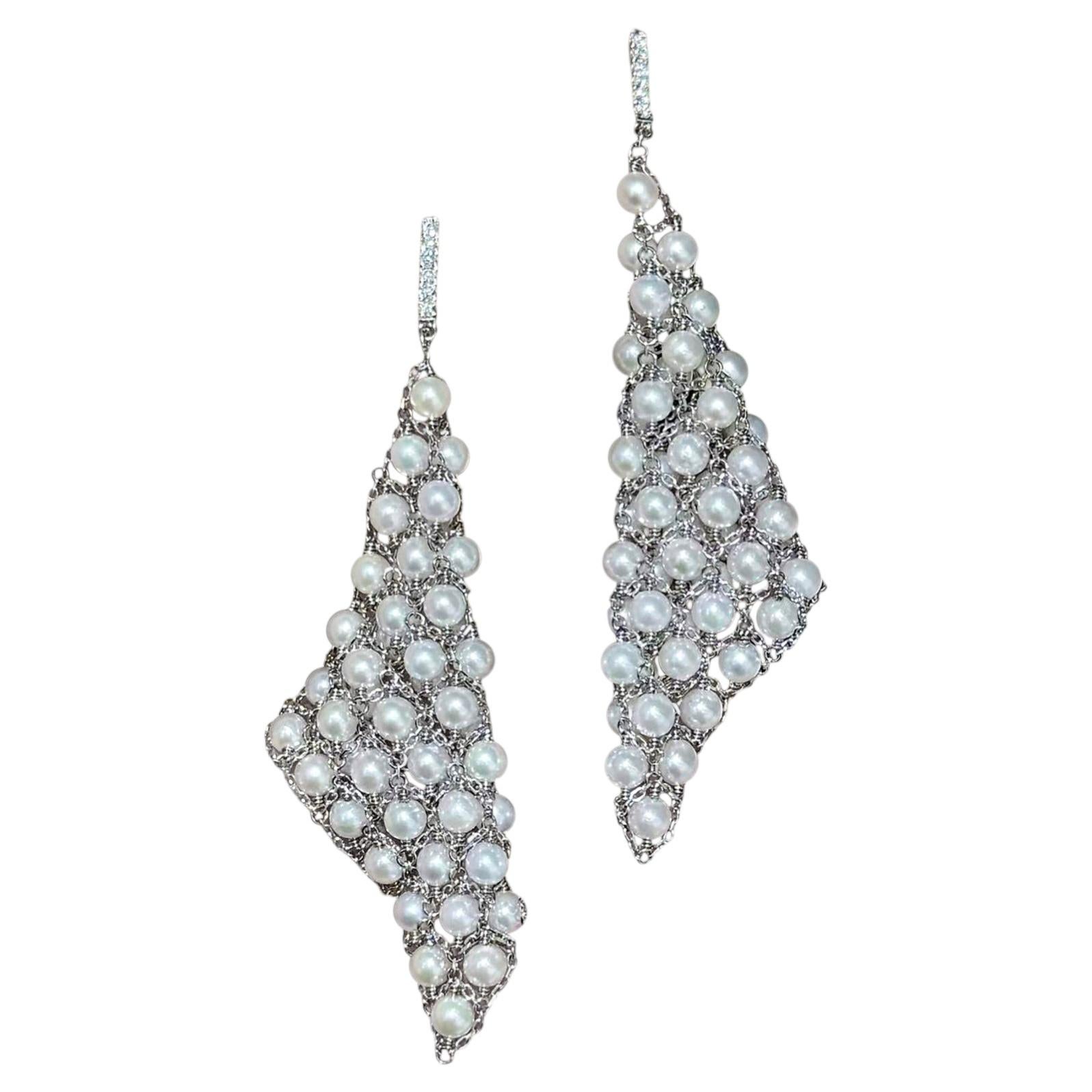 【Sculpted Geometry】Woven Akoya Pearl Diamond Drop Earrings