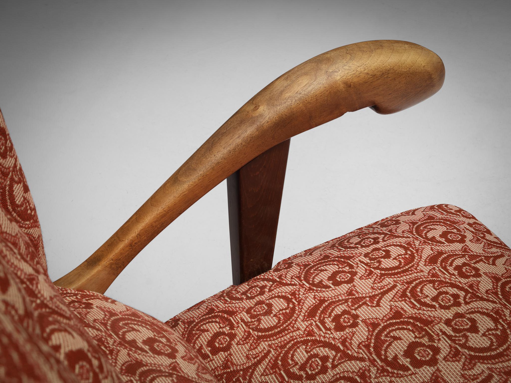 Czech Sculpted Lounge Chair in Walnut and Red Floral Upholstery For Sale