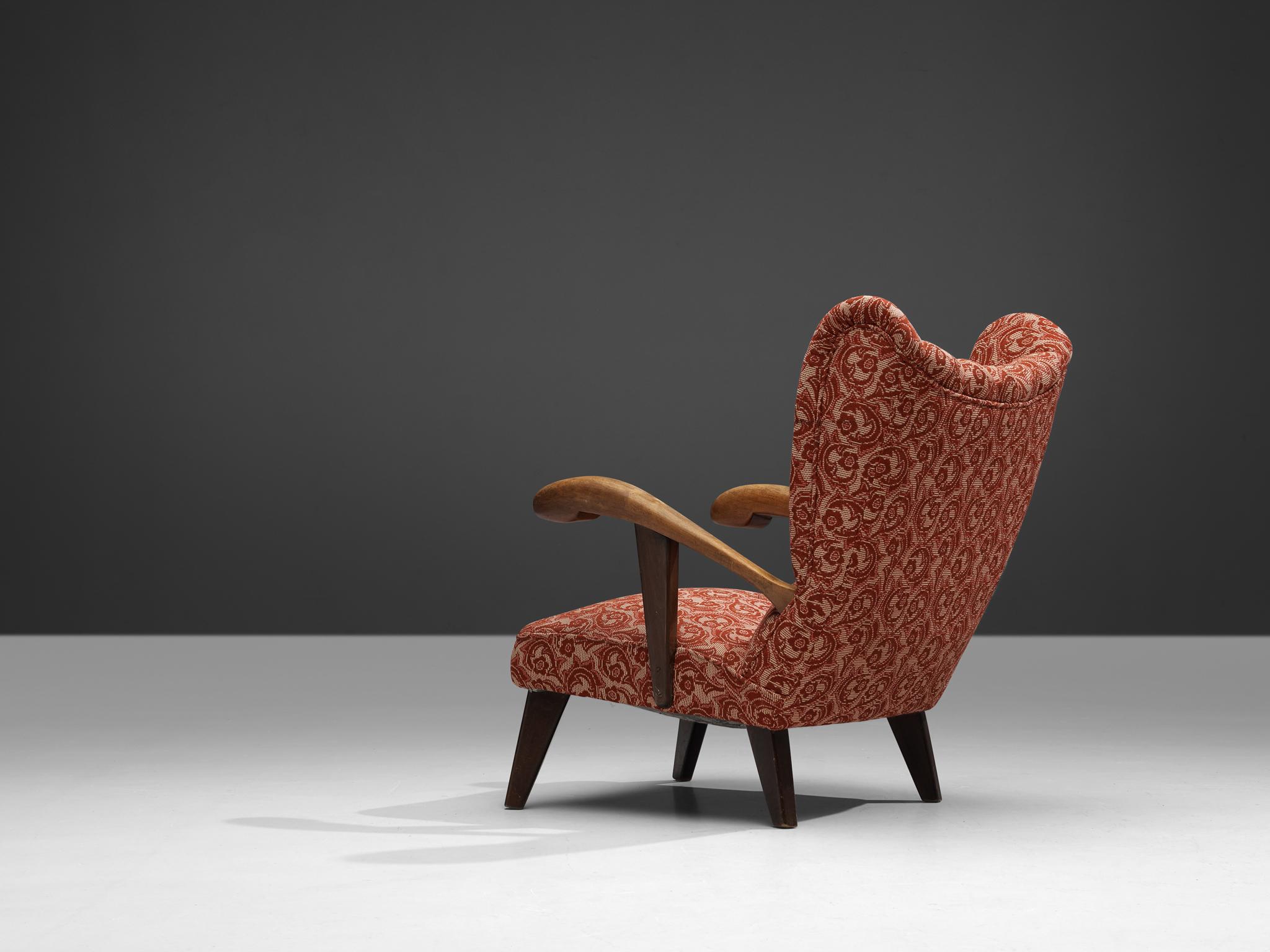 Fabric Sculpted Lounge Chair in Walnut and Red Floral Upholstery For Sale