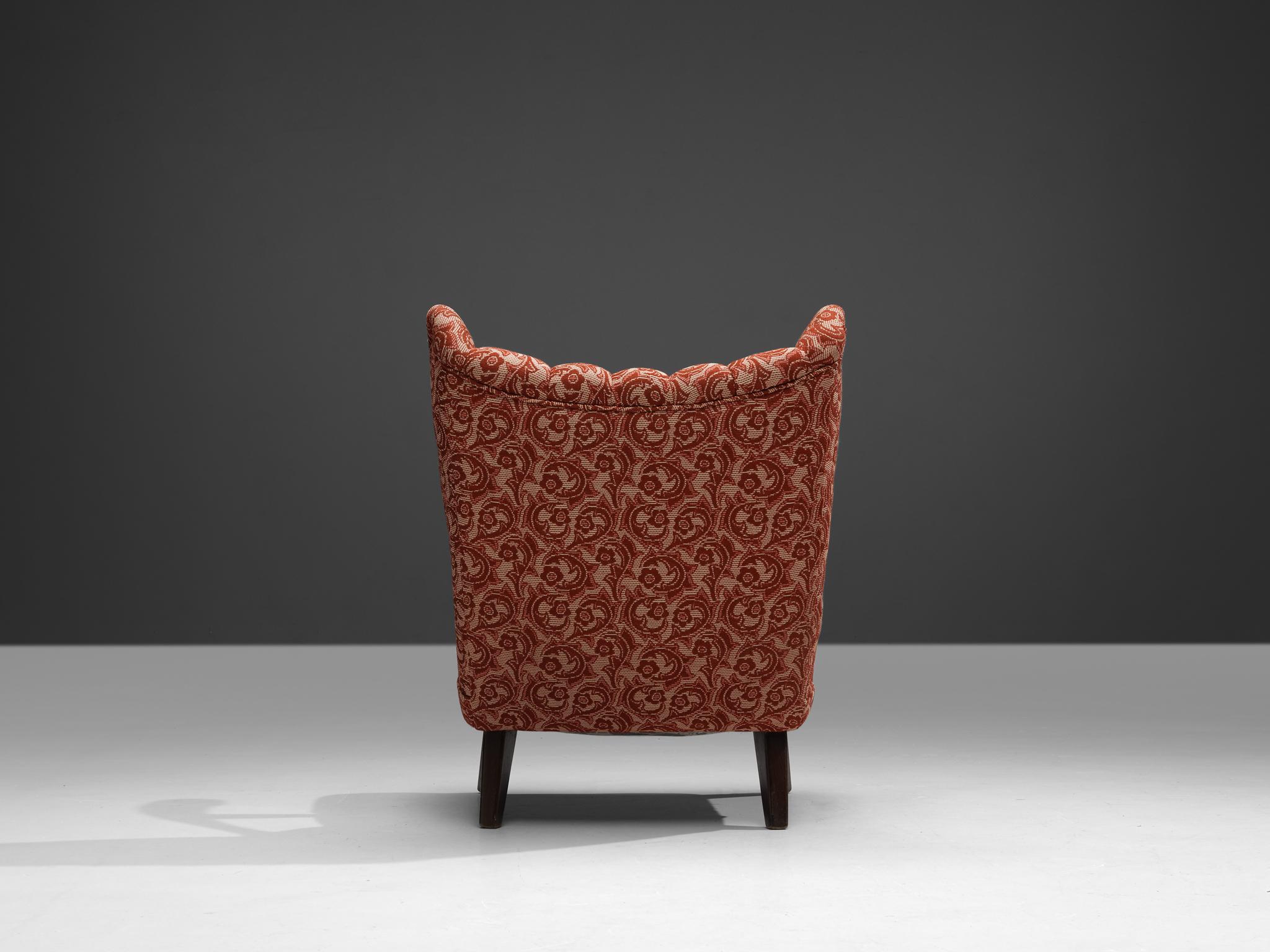 Sculpted Lounge Chair in Walnut and Red Floral Upholstery For Sale 1