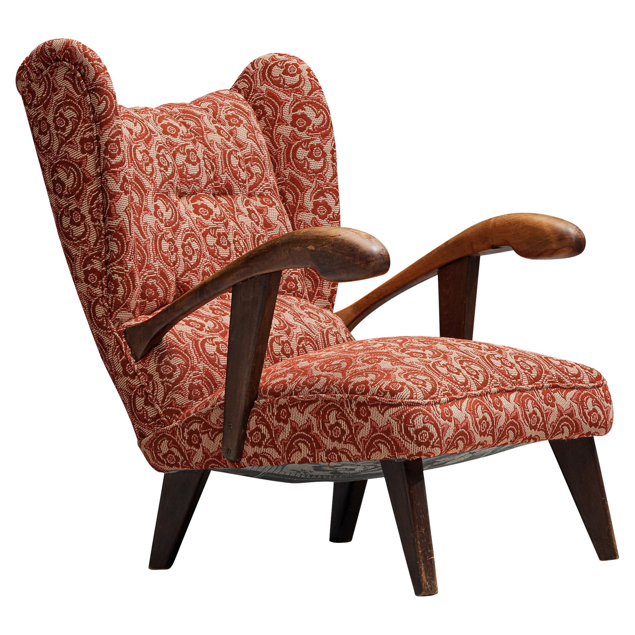 Sculpted Lounge Chair in Red Floral Upholstery and Walnut
