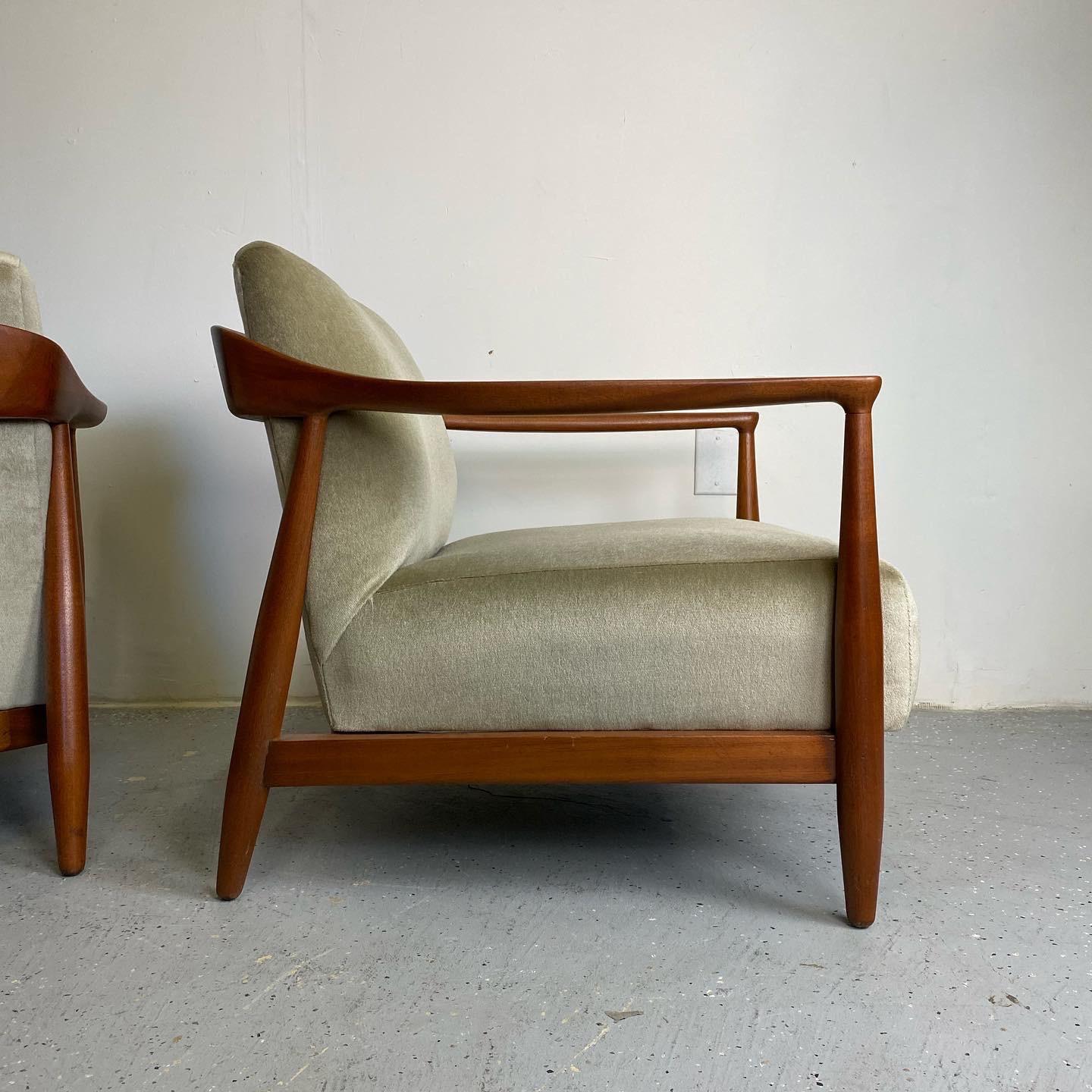 American Sculpted Mahogany and Mohair Lounge Chairs by Erwin Lambeth, a Pair