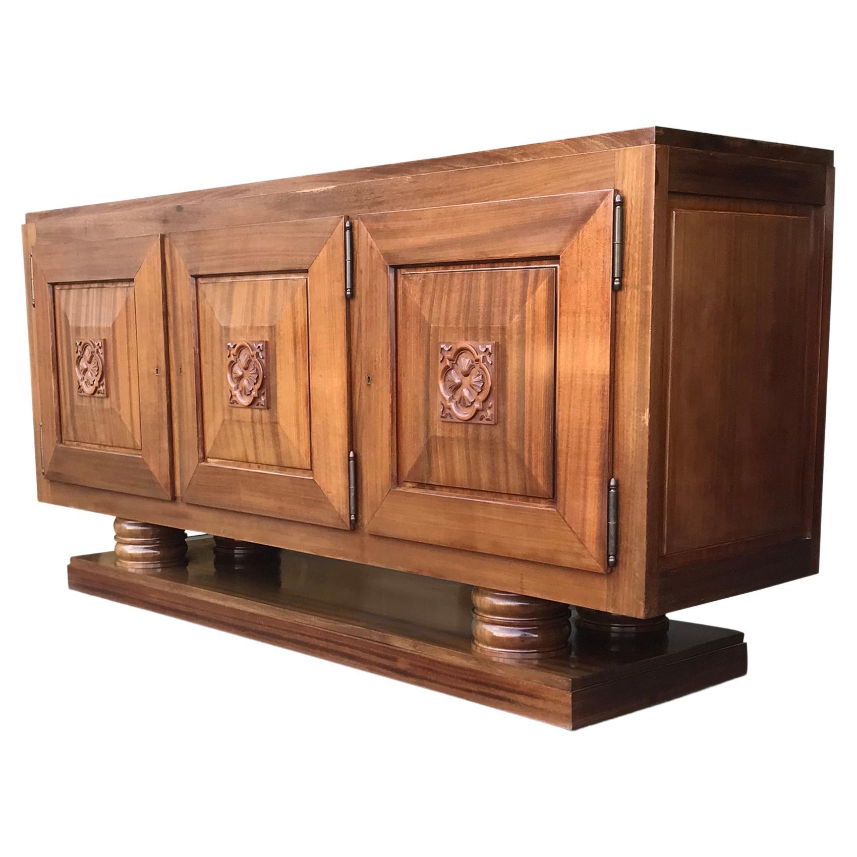 Sculpted Mahogany Art Deco Credenza by Gaston Poisson, France, 1930s For Sale