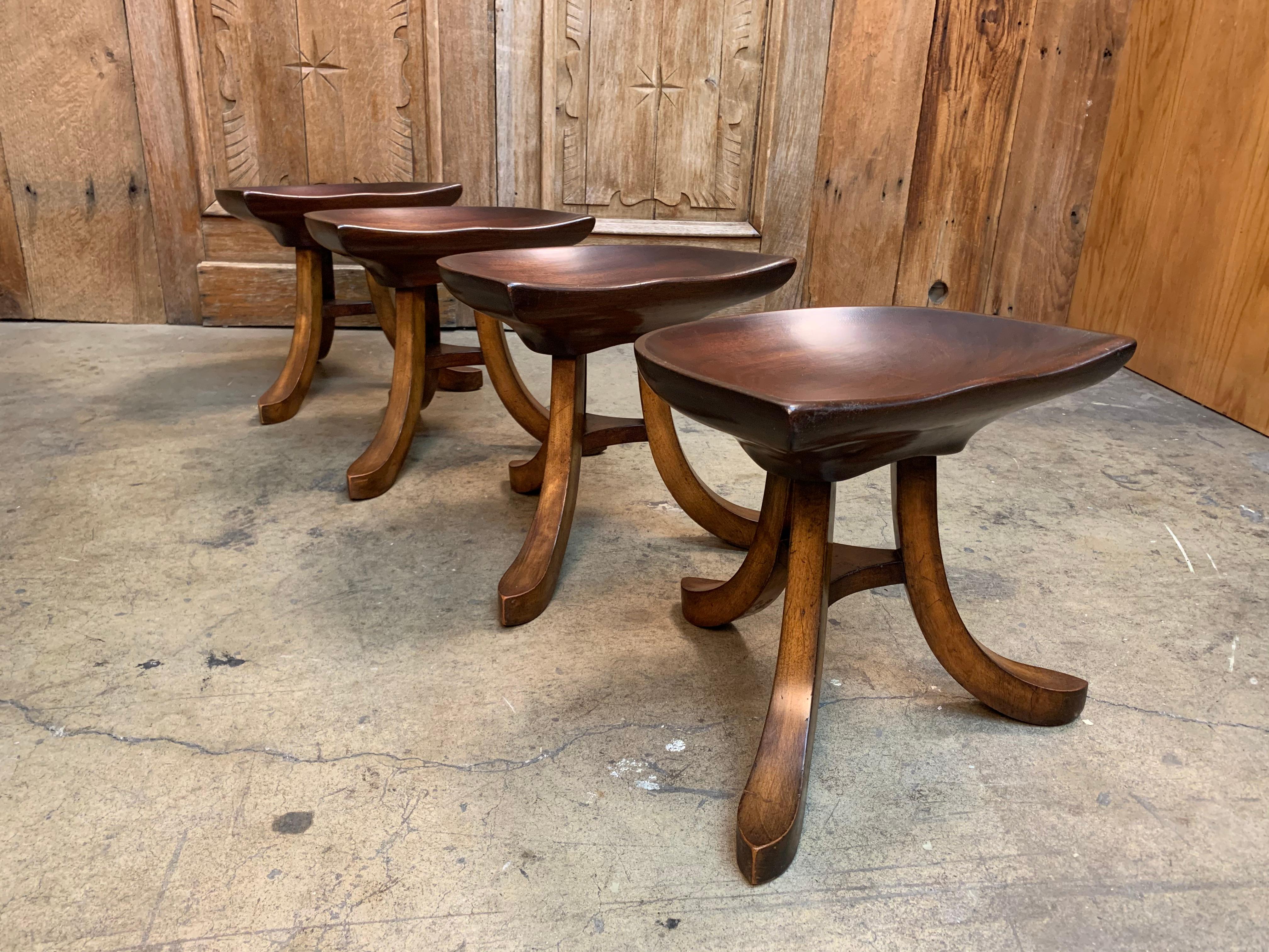 Modern Sculpted Mahogany Tripod Stools after Adolf Loos, Set of Four