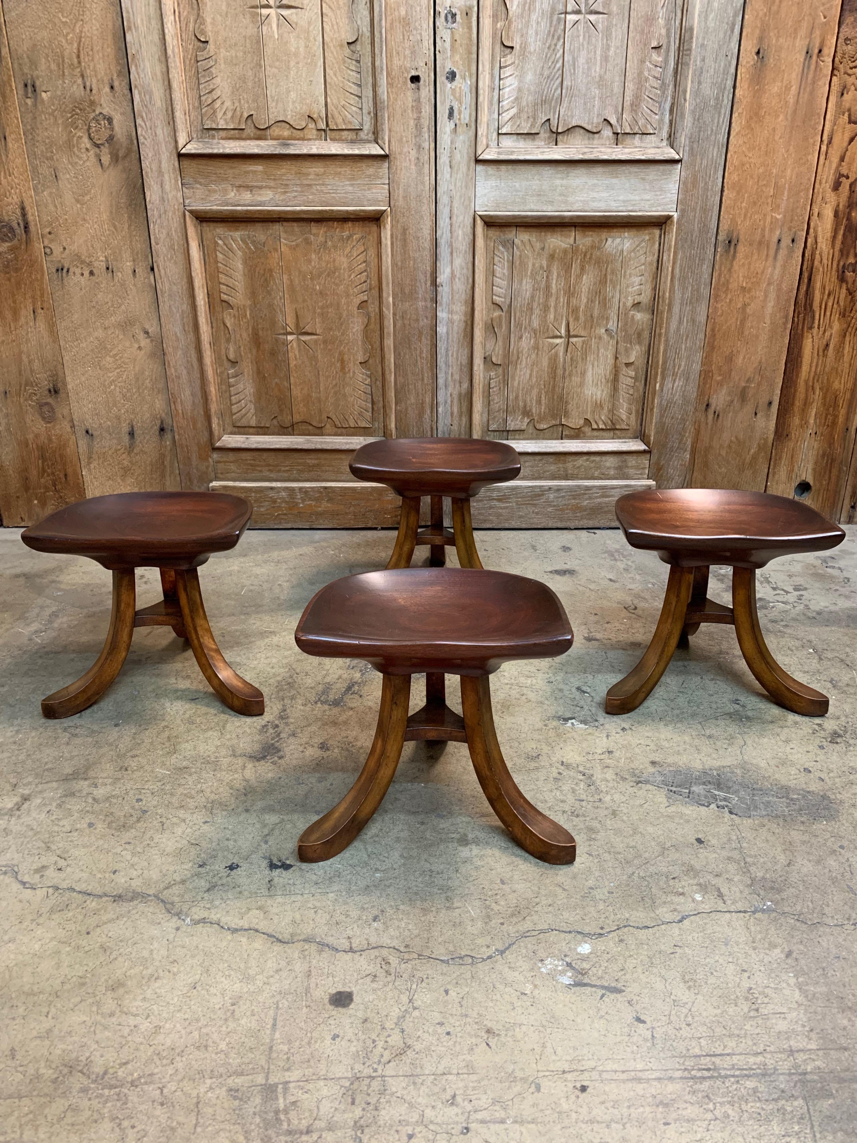 Sculpted Mahogany Tripod Stools after Adolf Loos, Set of Four In Good Condition In Denton, TX