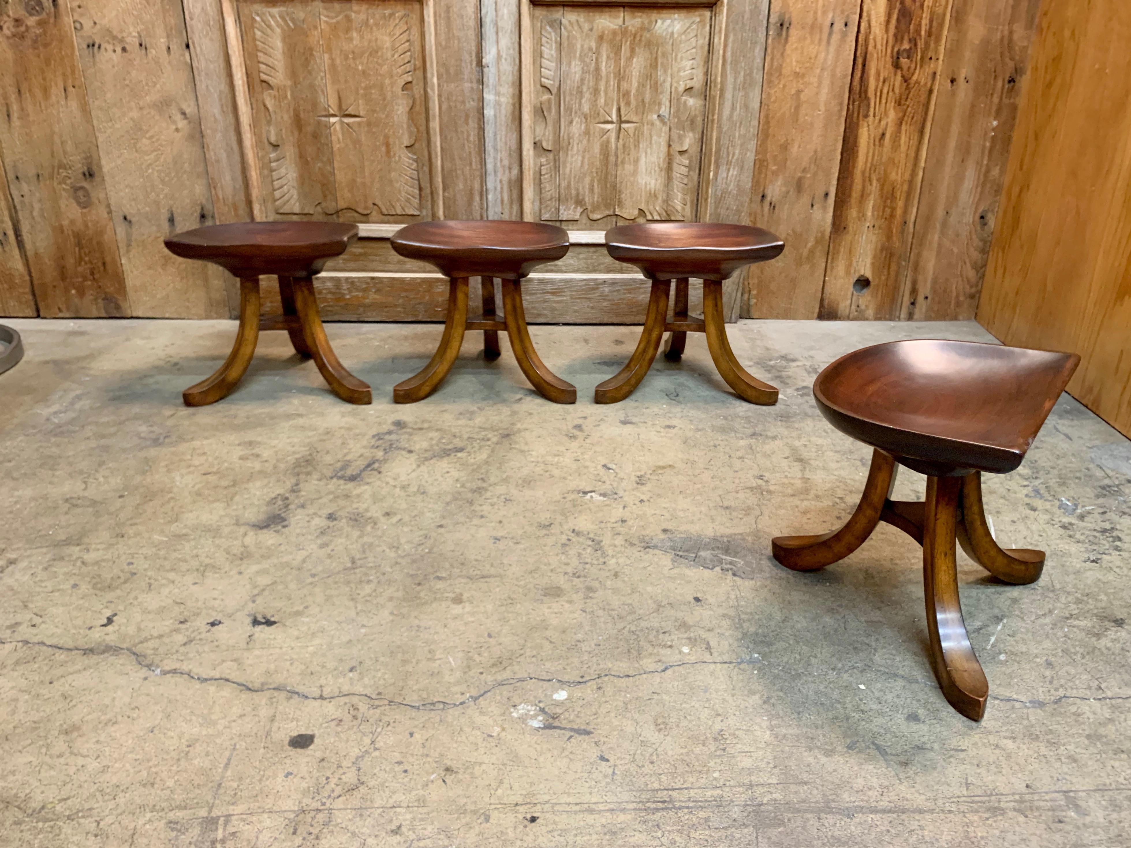 20th Century Sculpted Mahogany Tripod Stools after Adolf Loos, Set of Four
