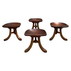 Vintage Sculpted Mahogany Tripod Stools after Adolf Loos, Set of Four