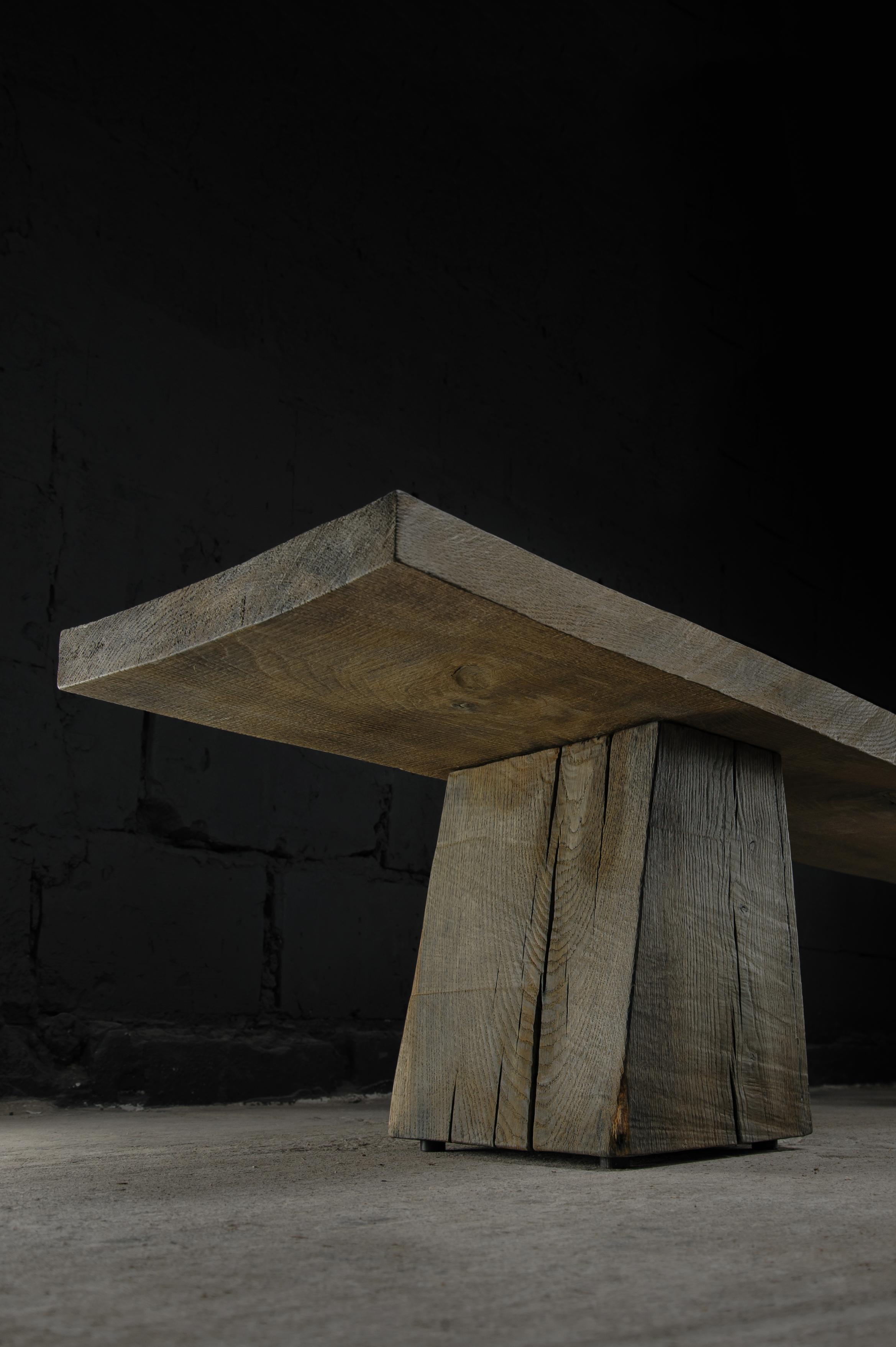 Brutalist Sculpted Massive Bench N3 by Denis Milovanov, Solid Oak, Grey For Sale