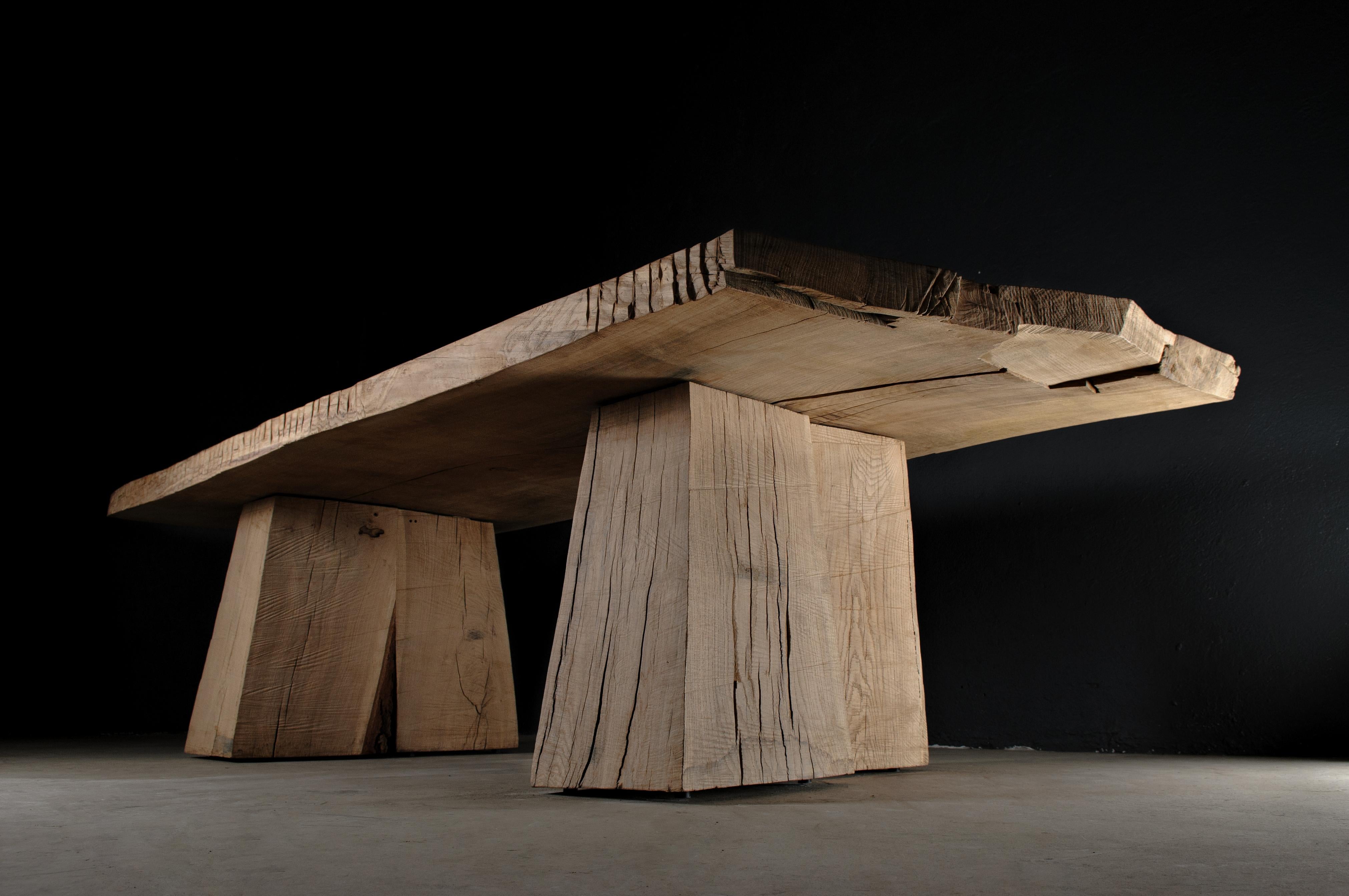 Massive dining table made of solid oak (+ linseed oil)
(Outdoor use OK)

Model shown :
300 cm x 100 cm x 77 cm

Warm furniture’s made by Denis Milovanov, founder of 'Soha Concept' design studio. Simplicity of shapes. Authentic