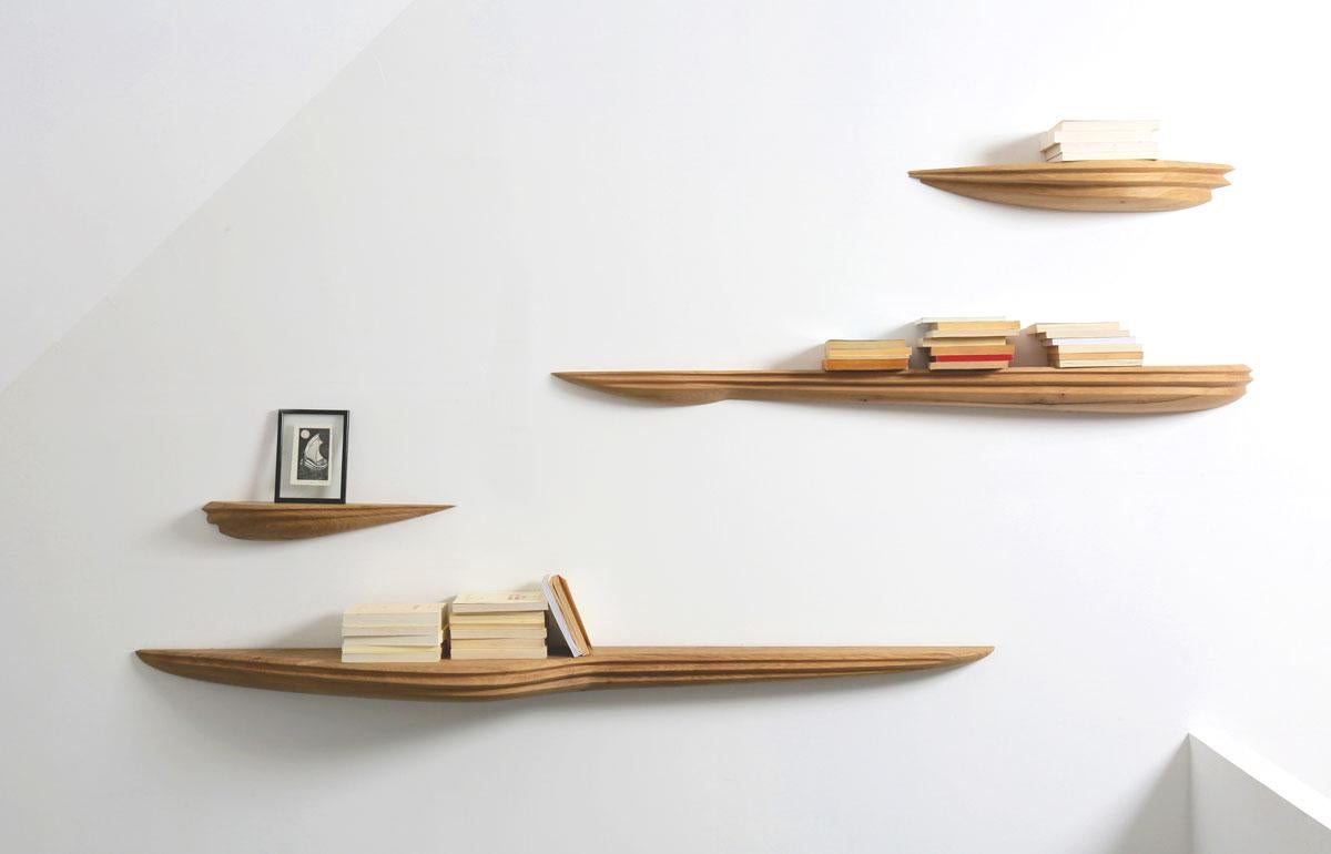Sculpted oak shelves by Jules Lobgeois
Solid oak
Dimensions (cm):
L70 x l15 x H 10.5
L 155 x l13 x H 10.5
L 50 x l13 x 10.5
L 190 x l30 x 10.5
Title: Vents
Signed by Jules Lobgeois

Vent shelves is a set of four shelves inspired by a