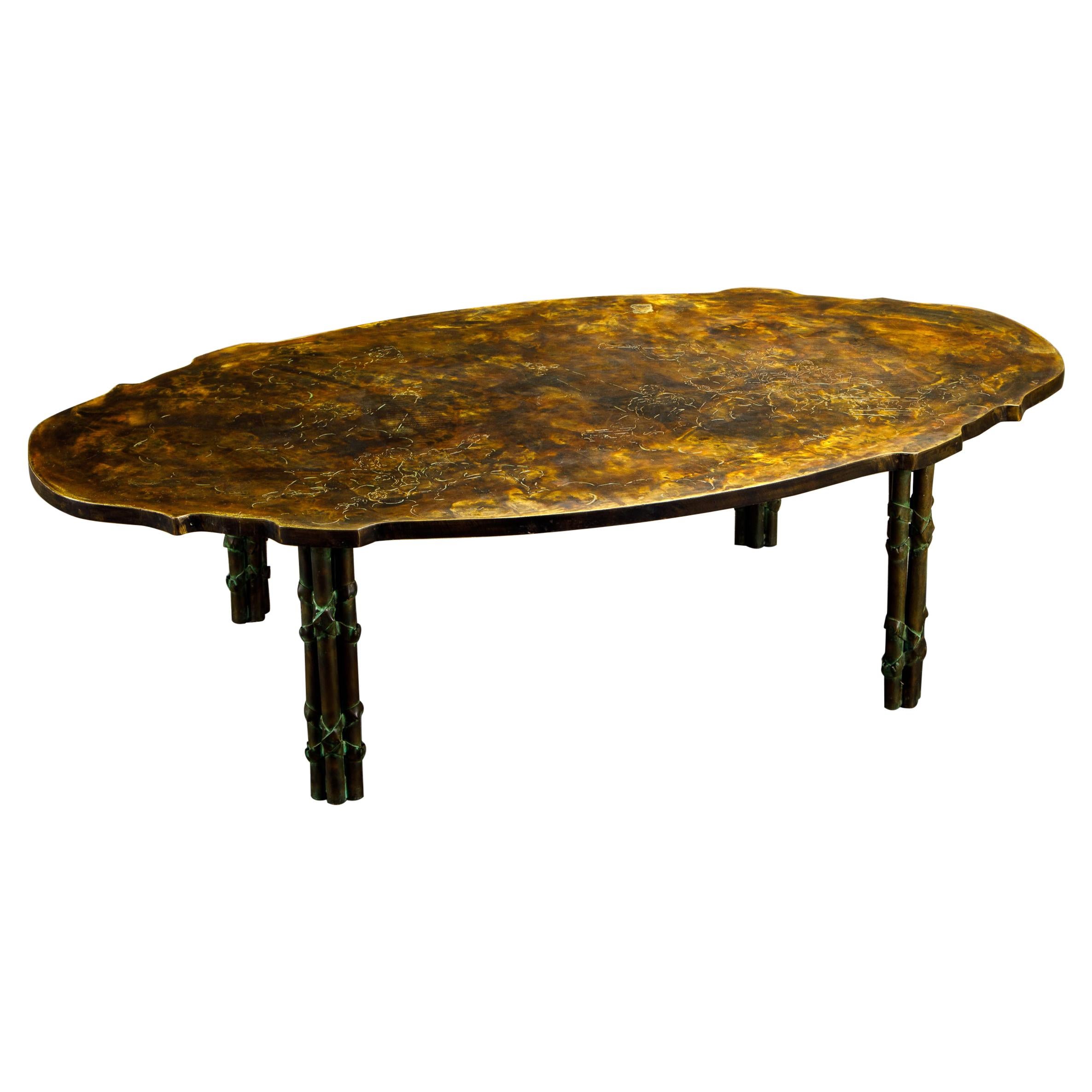 Sculpted Oval Bronze Coffee Table by Philip & Kelvin LaVerne, 1960s, Signed