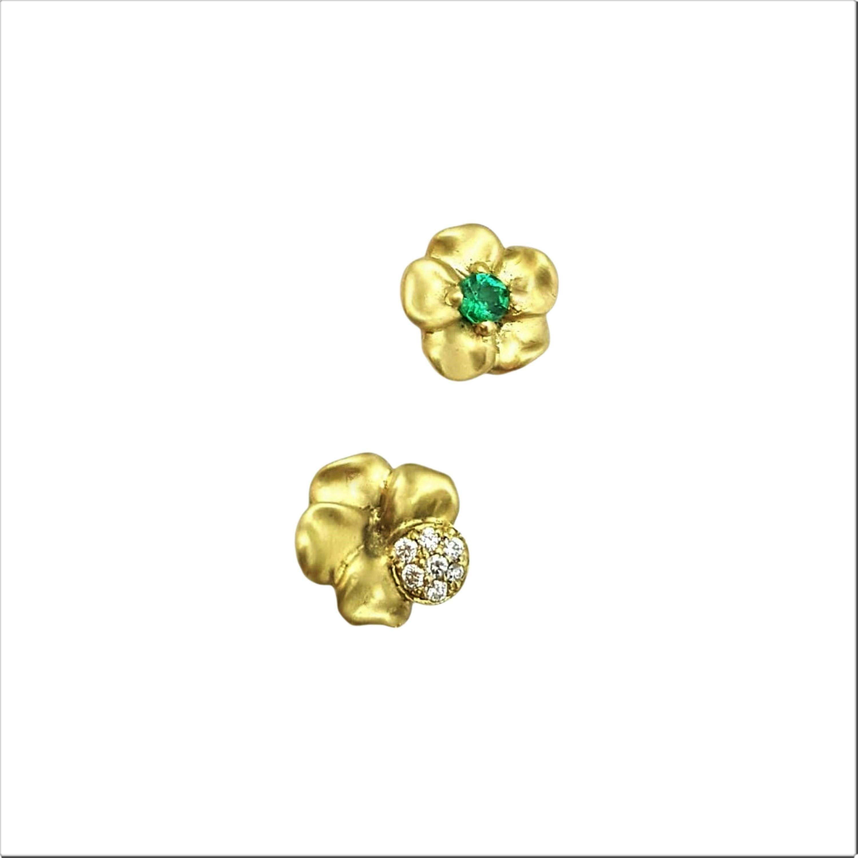 Alison Nagasue has a signature 18K Green Gold sandblast finish with a little polish highlights. Flowers are a strong trend now and these Pansy Earrings work perfectly. Order in mis-matched (emerald in the center of one earring and diamond studded