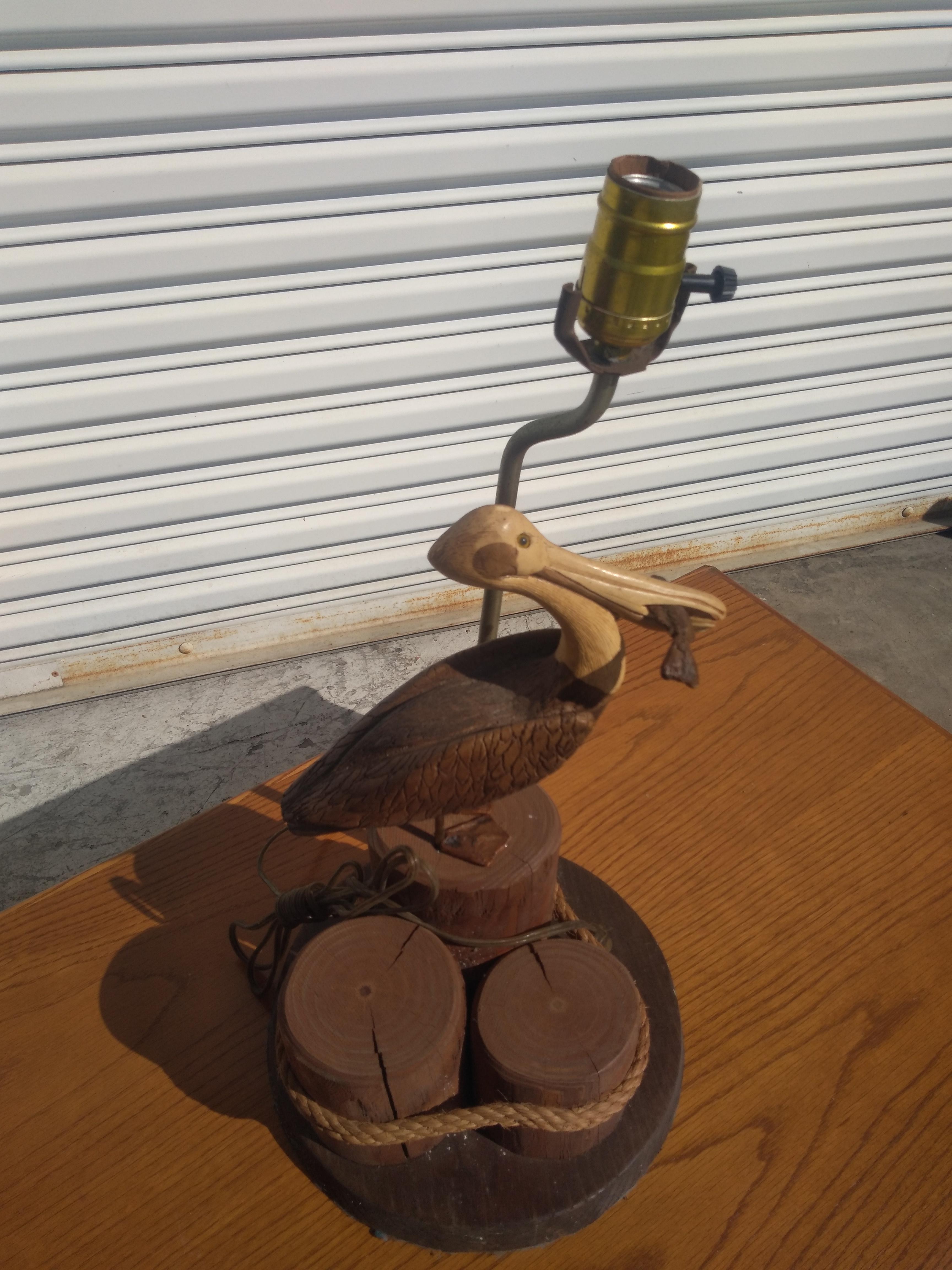 Folk Art Sculpted Pelican on the Wharf Table Lamp For Sale