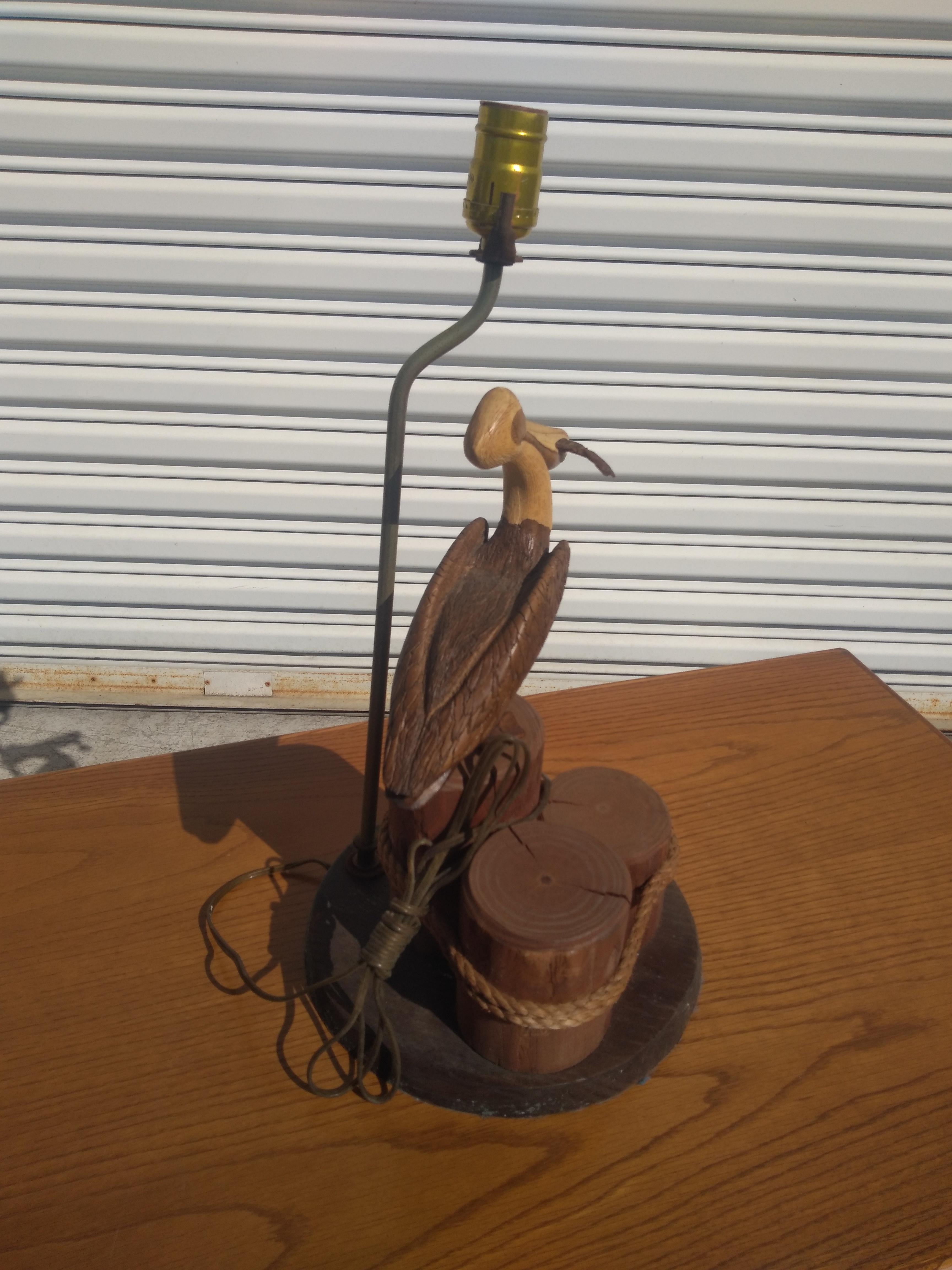 Hand-Carved Sculpted Pelican on the Wharf Table Lamp For Sale