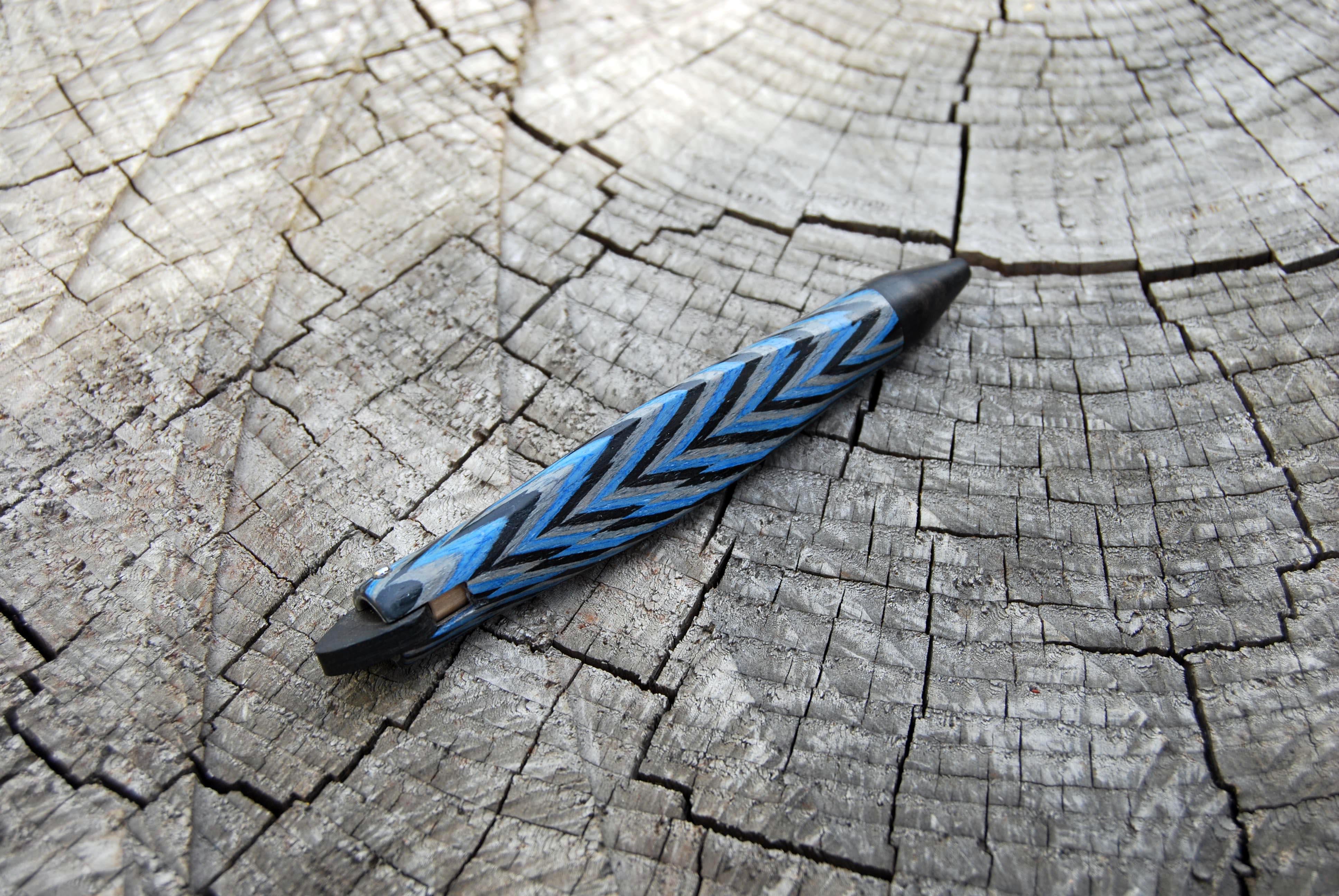 Engraved 21st Century Blue Hand and Machine made Sculpted Pen in Wood, Limited Edition For Sale