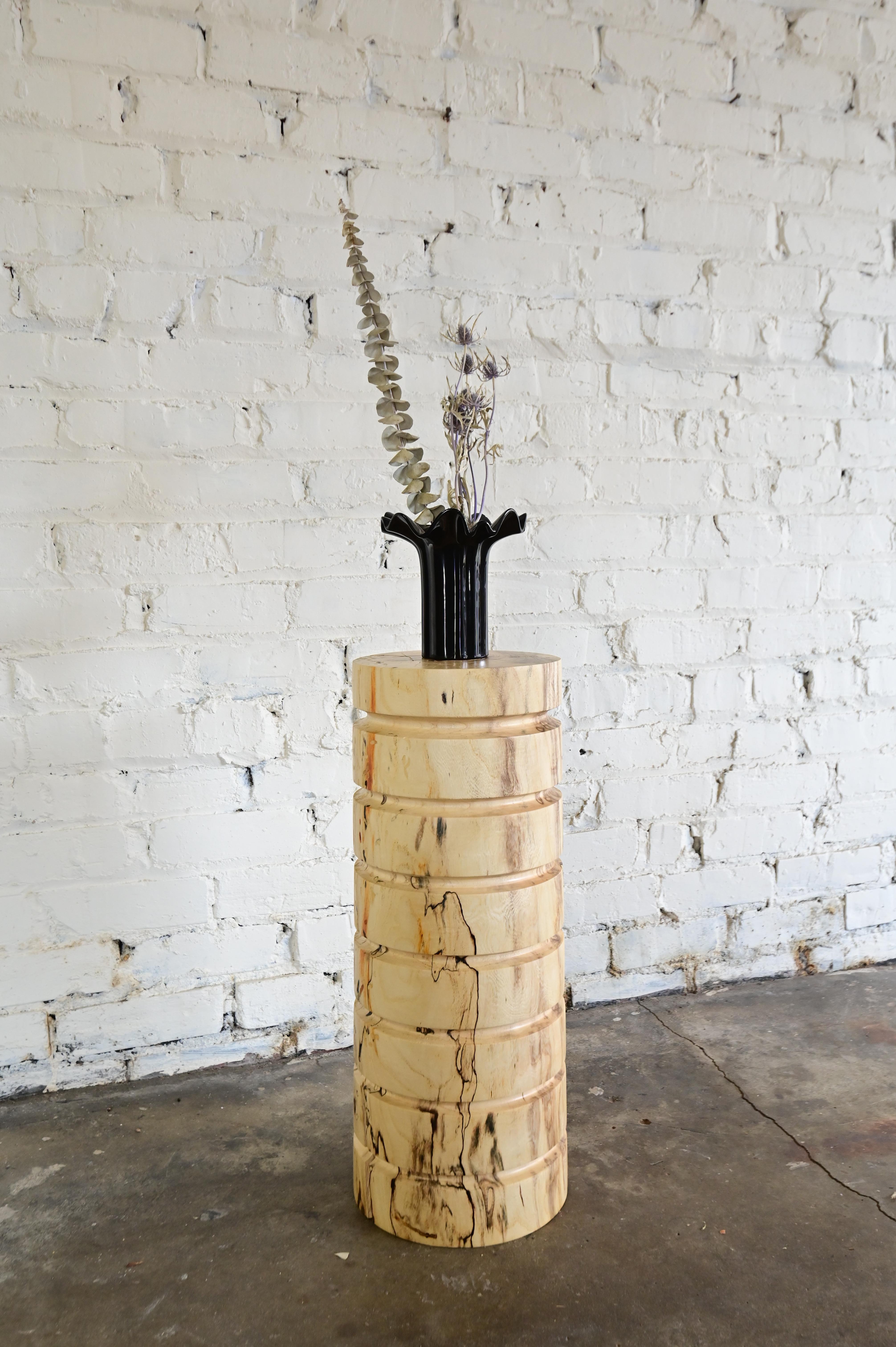 Original sculpted tower pillar/end table, perfect to accentuate a plant or piece of art. This piece has a minimal but authoritative shape, that can compliment an artistic interior or function as a piece of art in itself. Carved by hand from solid