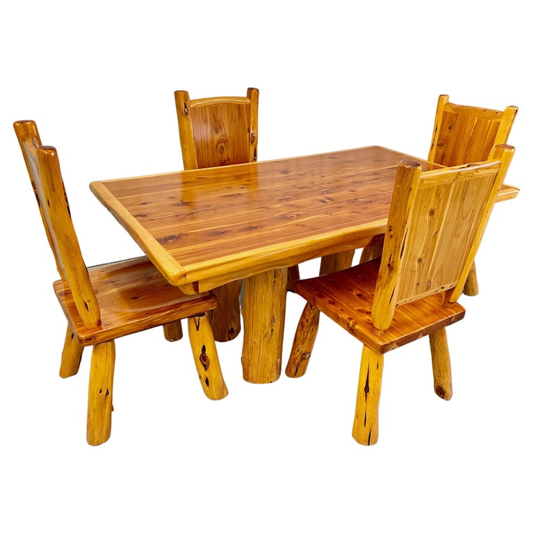 Sculpted Pine Lodge Style Dining Set, Pine Log Dining Chairs