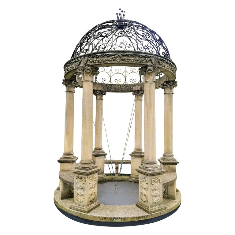 Sculpted garden gloriette with wrought-iron top, 1920s, offered by Piet Jonker Architectural Antiques