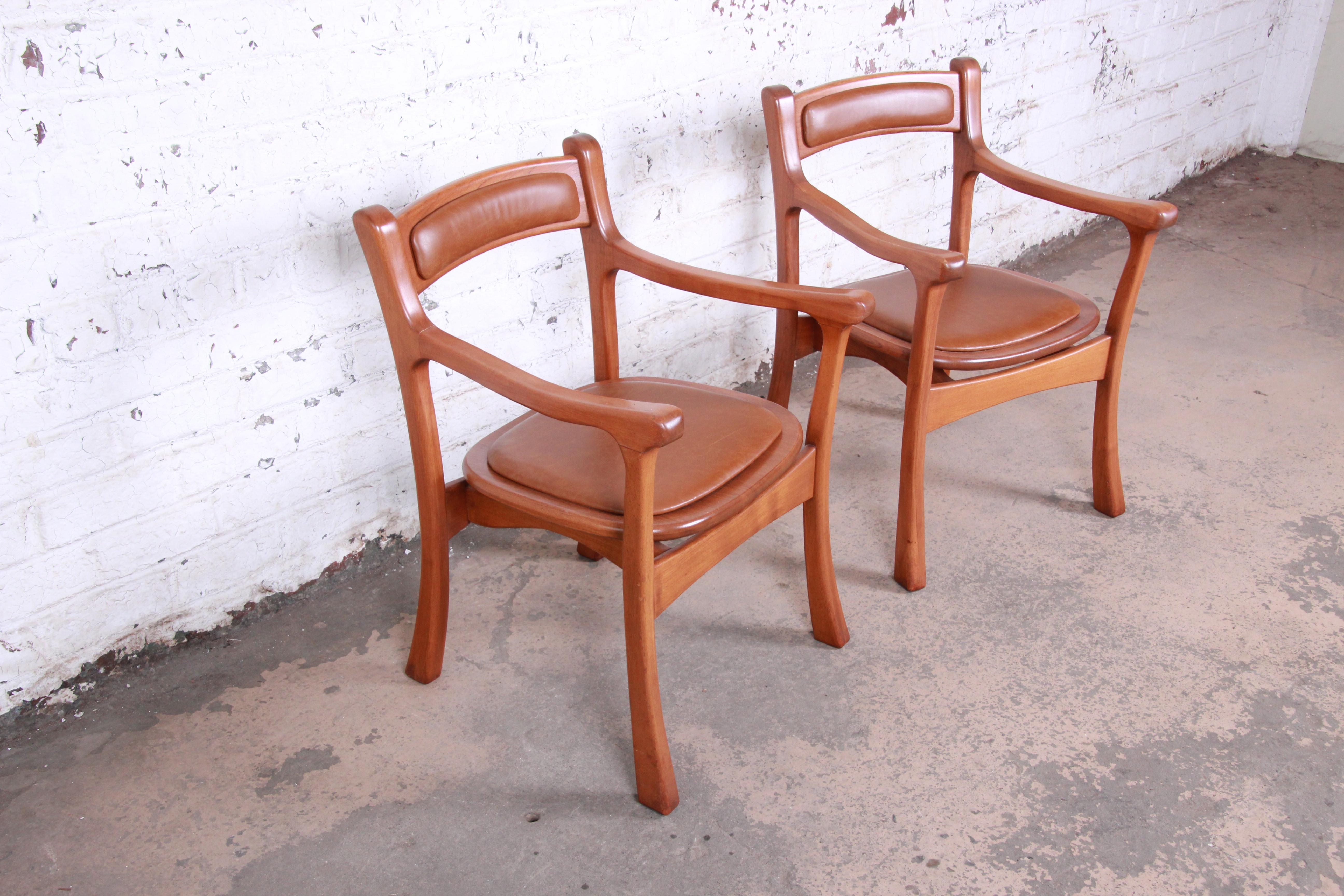 Scandinavian Modern Sculpted Solid Teak and Leather Studio Crafted Club Chairs, circa 1960s For Sale