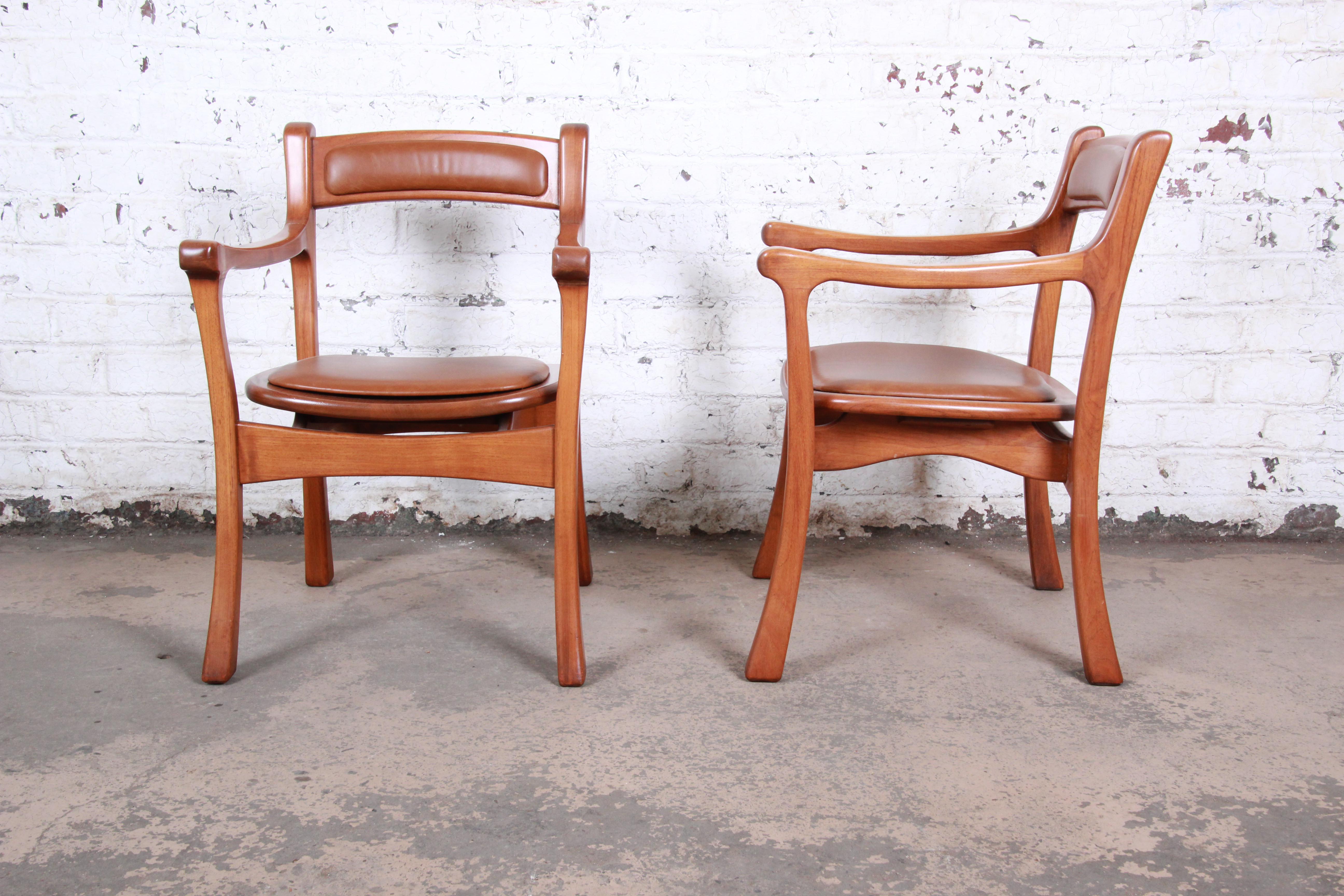 Sculpted Solid Teak and Leather Studio Crafted Club Chairs, circa 1960s In Good Condition For Sale In South Bend, IN