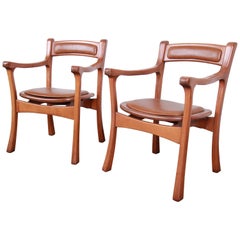 Sculpted Solid Teak and Leather Studio Crafted Club Chairs, circa 1960s