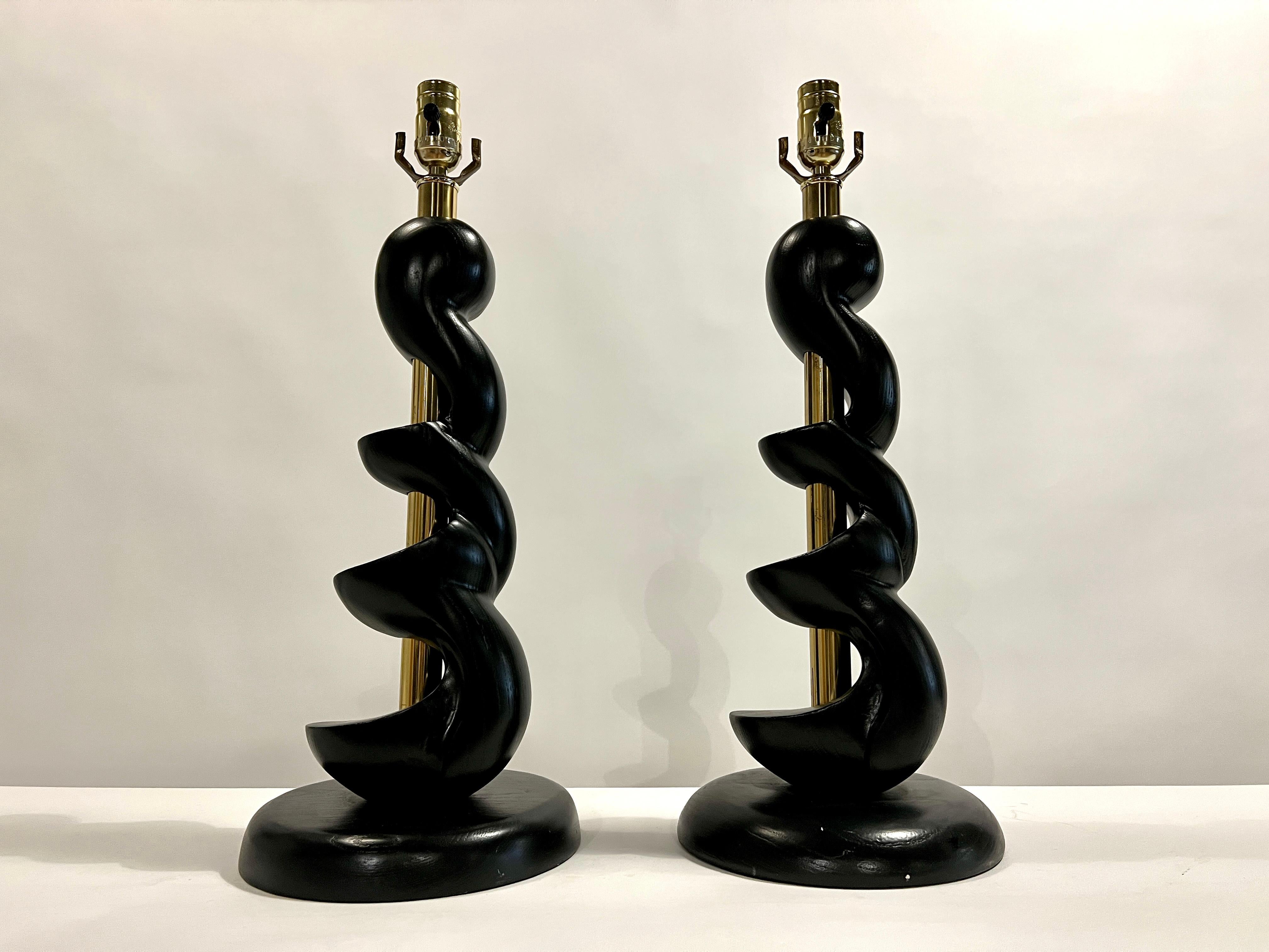 Mid-Century Modern Sculpted Spiral Wood Lamps by Light House Light and Shade Co. For Sale