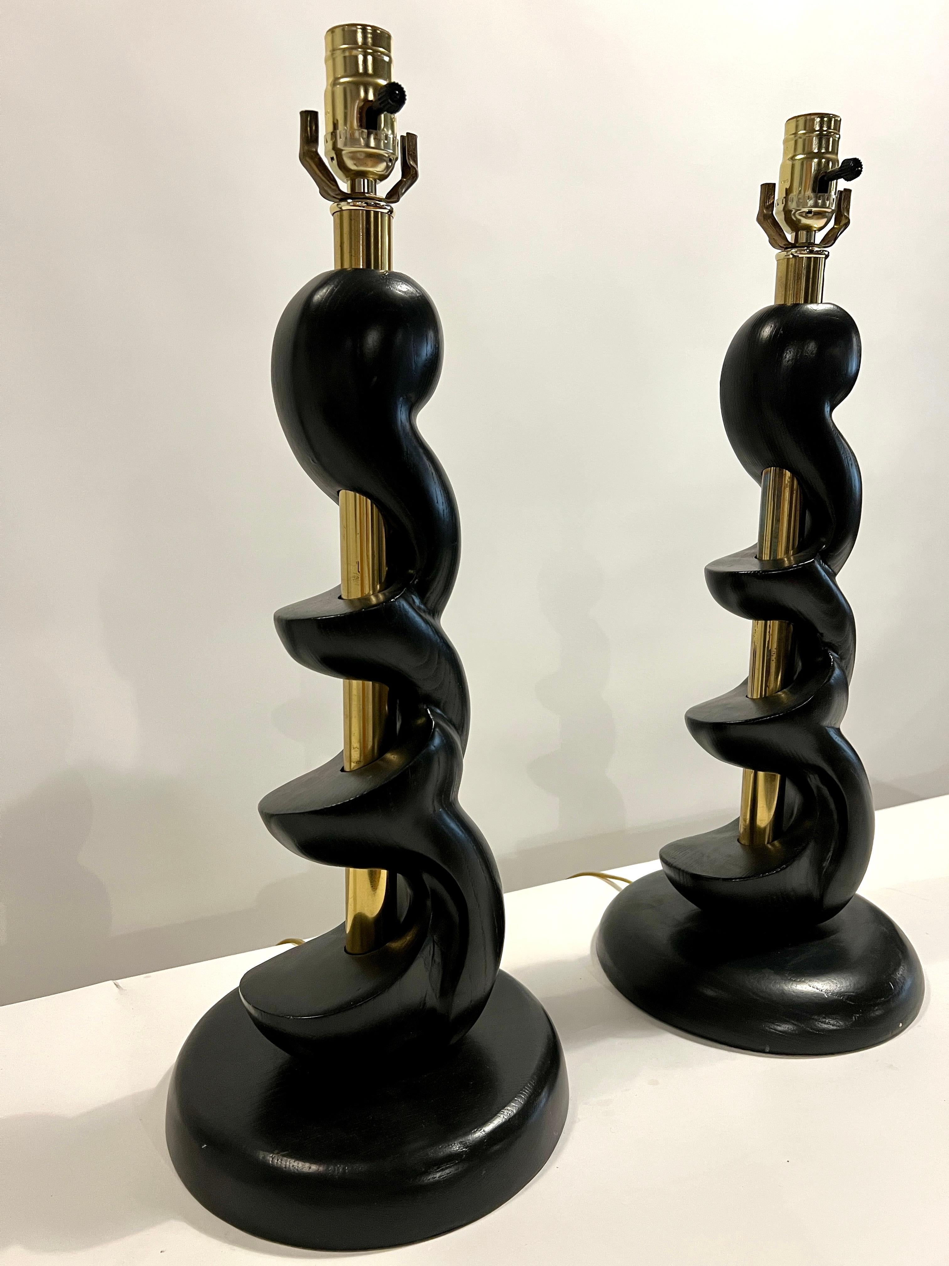 Lacquered Sculpted Spiral Wood Lamps by Light House Light and Shade Co. For Sale