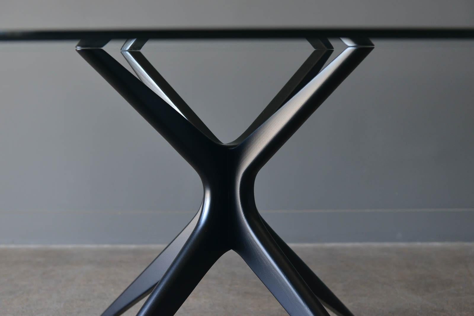 Ebonized Sculpted Star Base Dining Table with Floating Glass Top, circa 1970