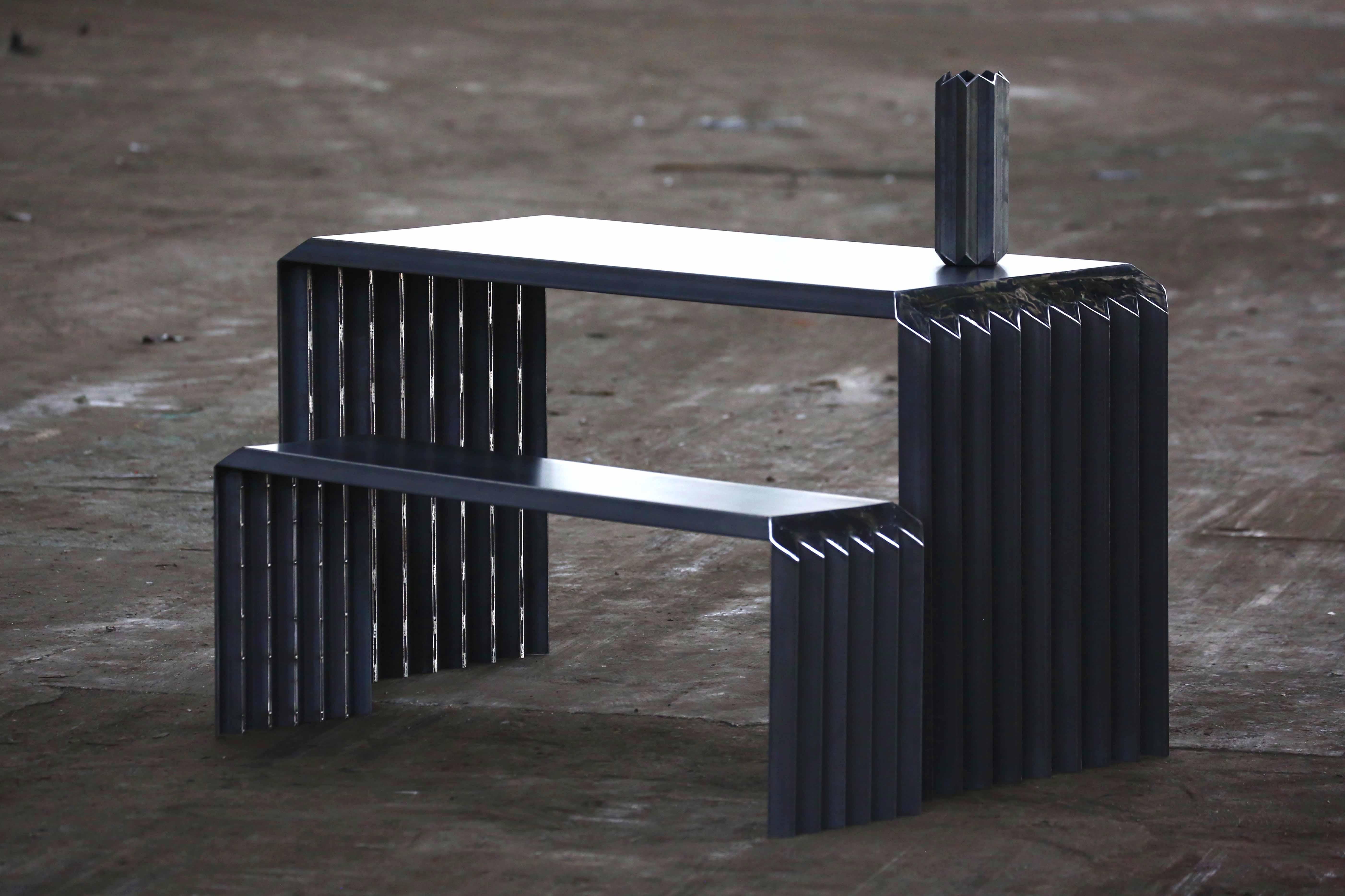 Contemporary Sculpted Steel Table and Bench by Jules Lobgeois