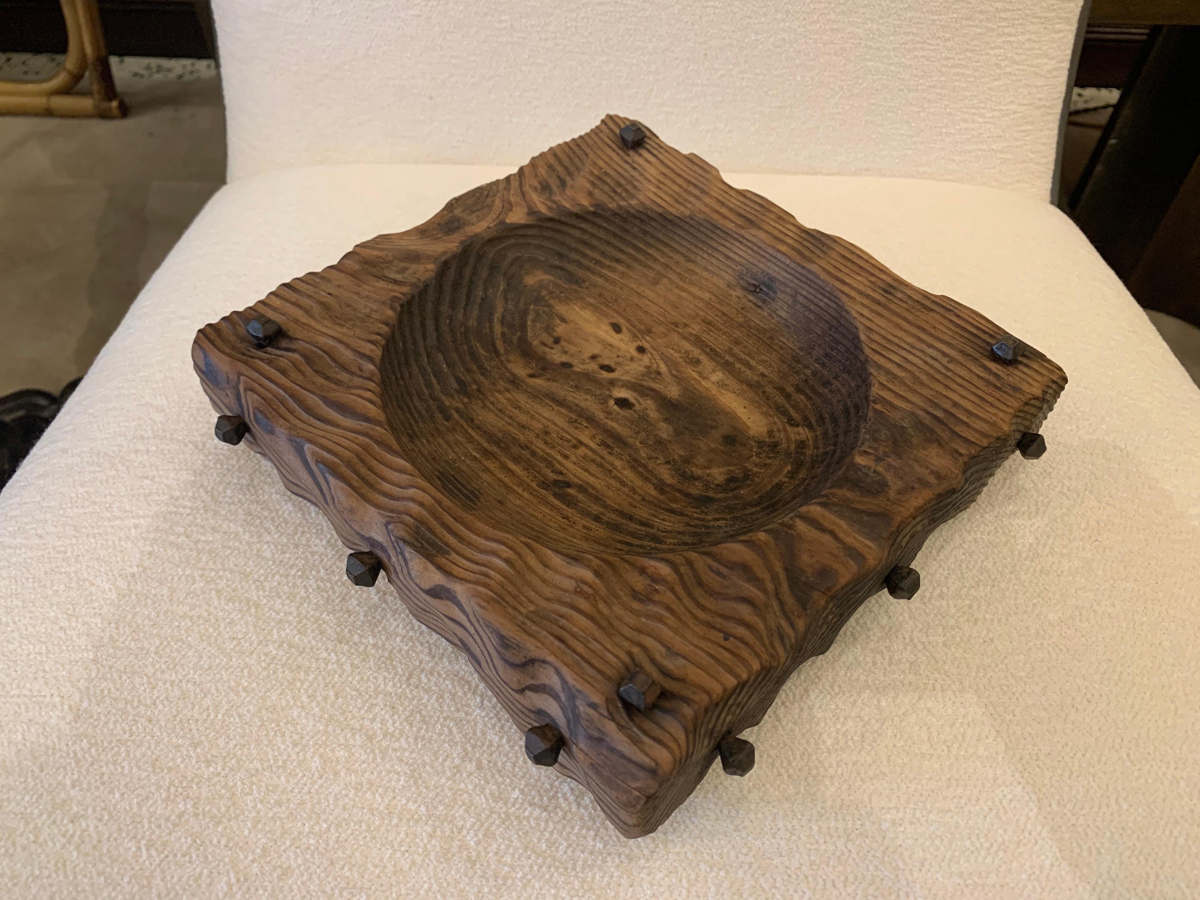 Sculpted Swamp Cedar Bowl with Iron Nail Accents In Good Condition In East Hampton, NY
