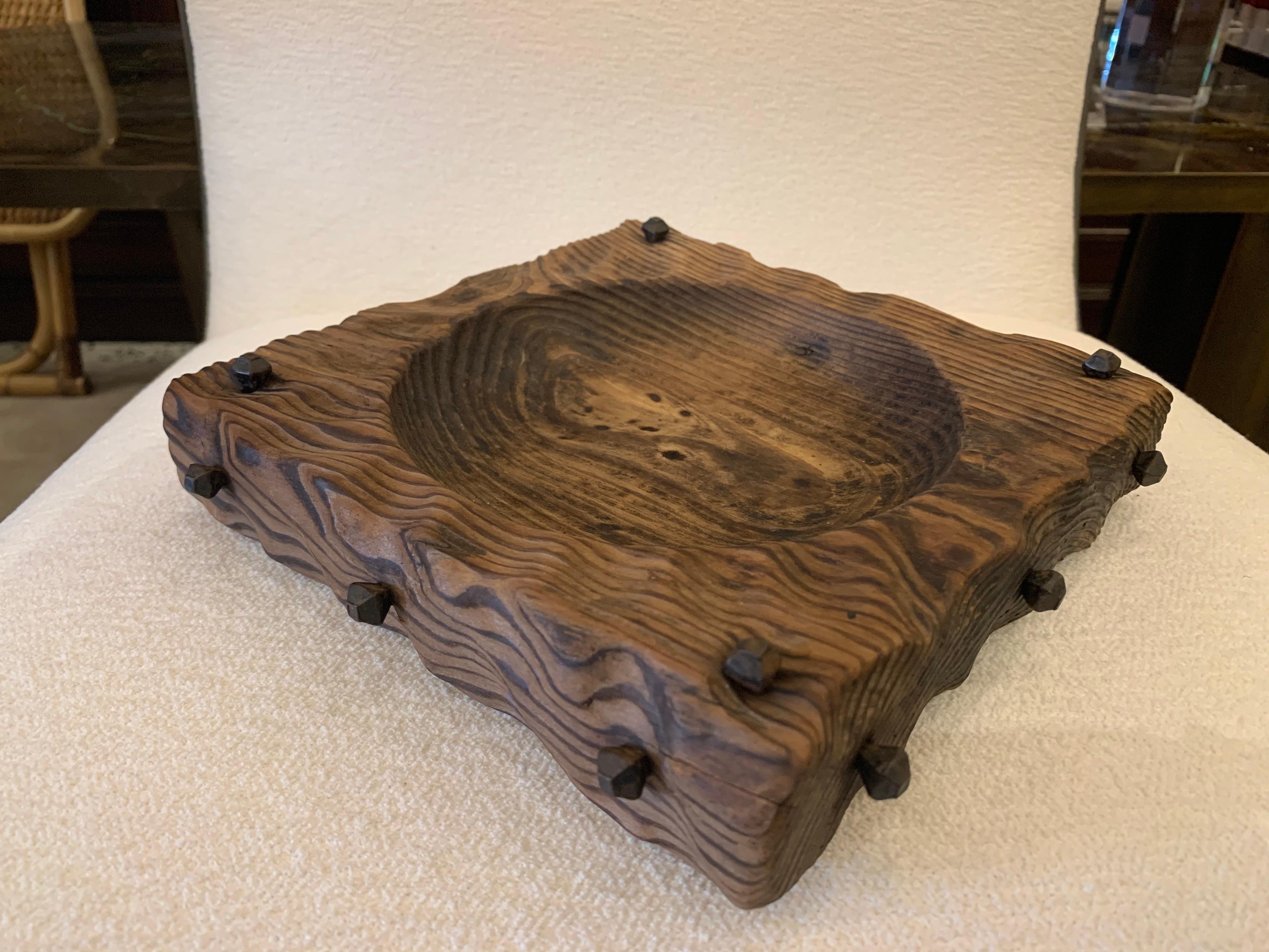 Sculpted Swamp Cedar Bowl with Iron Nail Accents 1