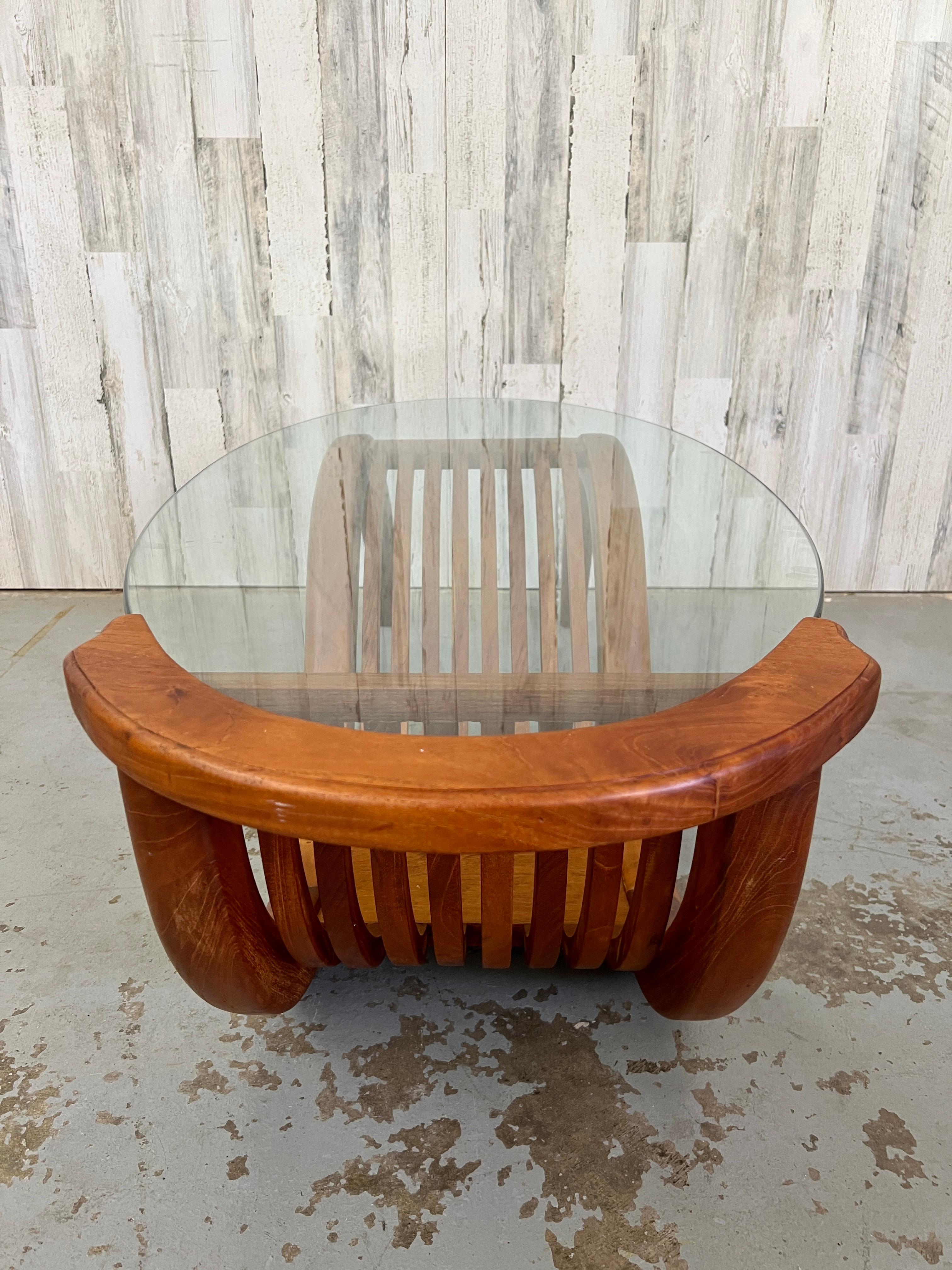 Sculpted Teak with Oval Glass Coffee Table For Sale 6