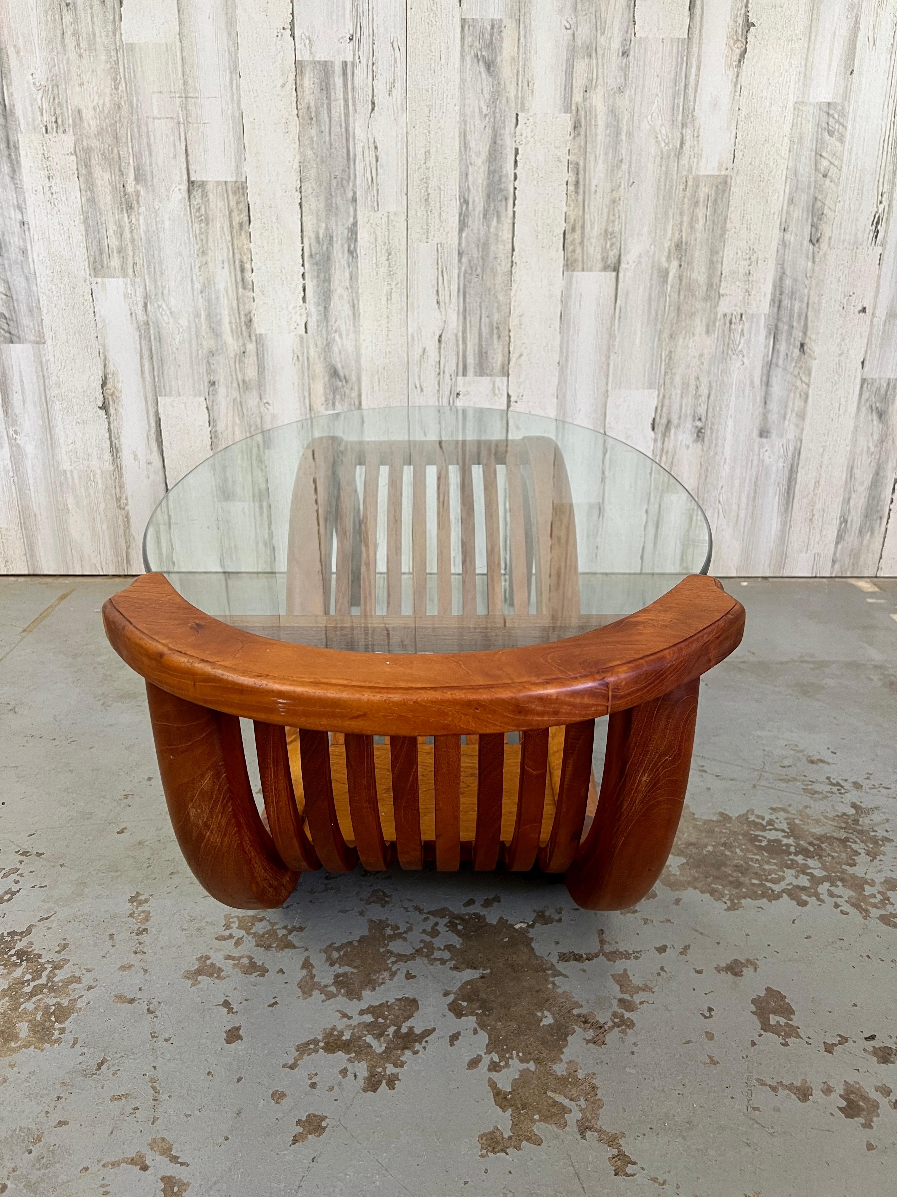 Sculpted Teak with Oval Glass Coffee Table For Sale 7