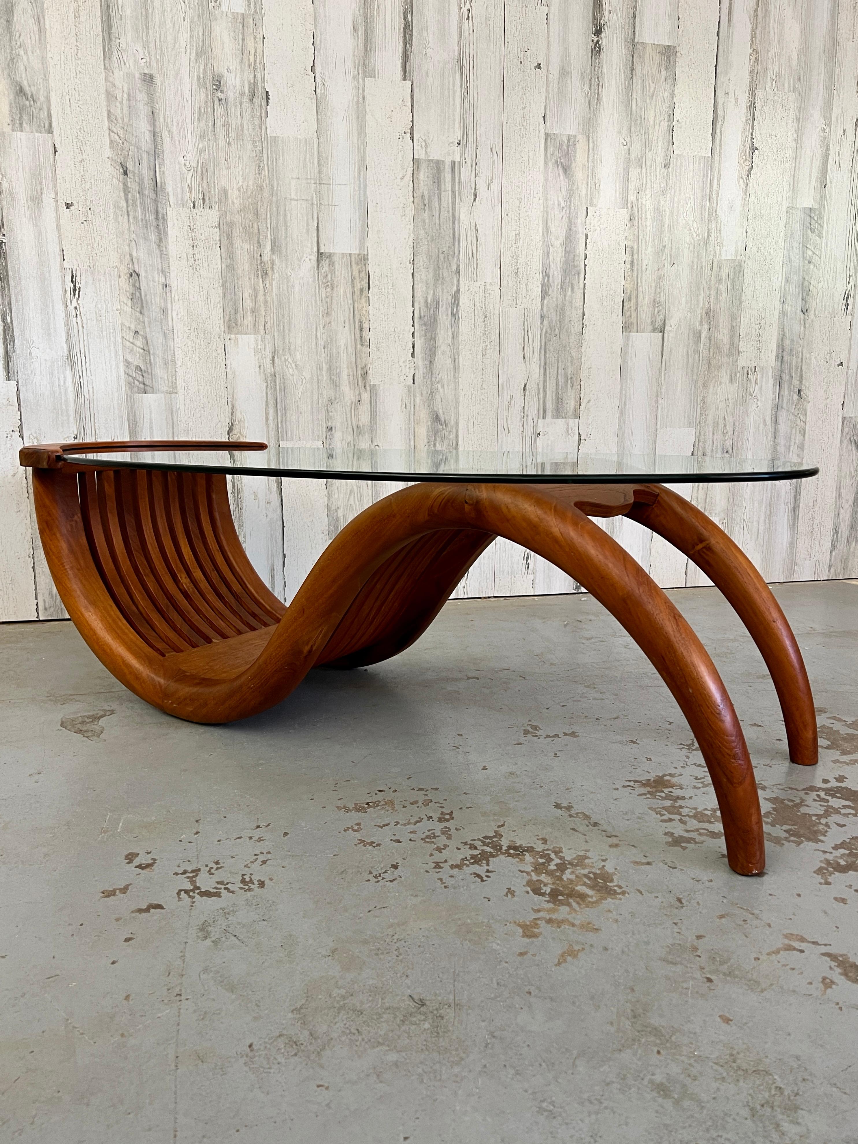 Sculpted Teak with Oval Glass Coffee Table In Good Condition For Sale In Denton, TX