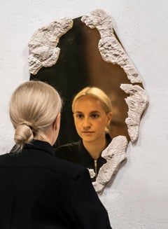 Sculpted Wall Mirror in Travertine Stone and Polished Brass by Desia Ava