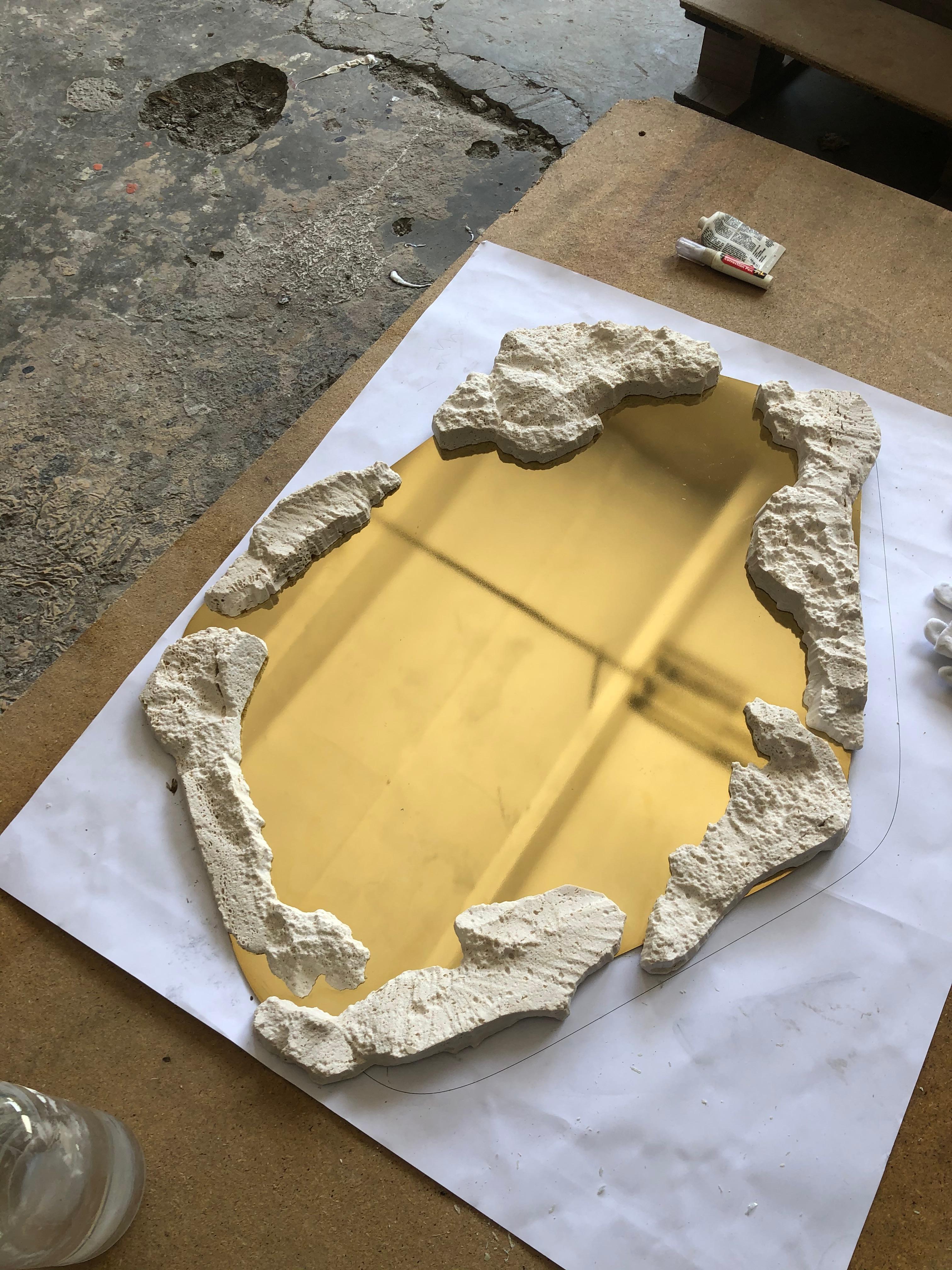 Carved Sculpted Wall Mirror in Travertine Stone and Polished Brass by Desia Ava For Sale