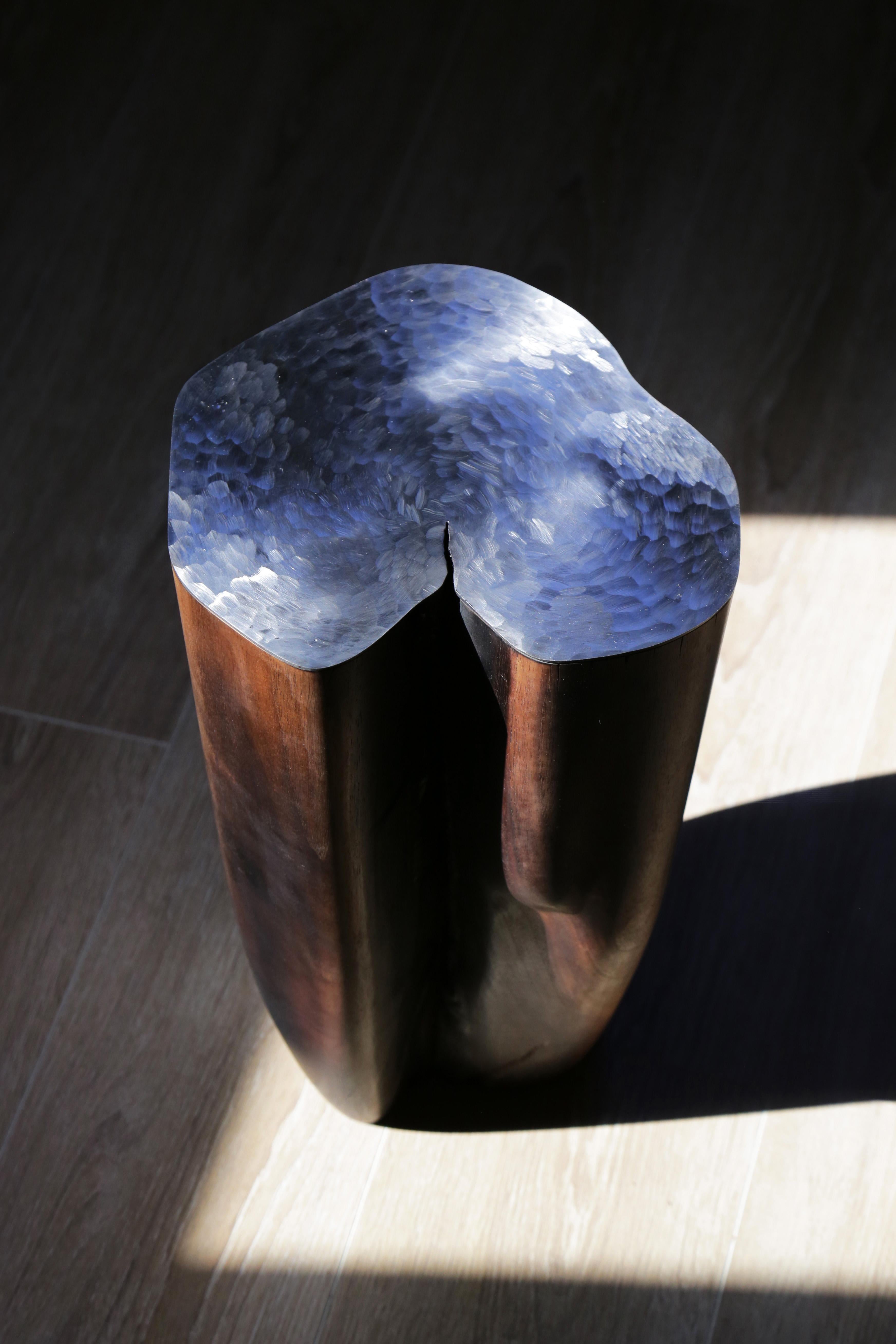 Modern Sculpted Walnut and Steel Side Table by Jules Lobgeois