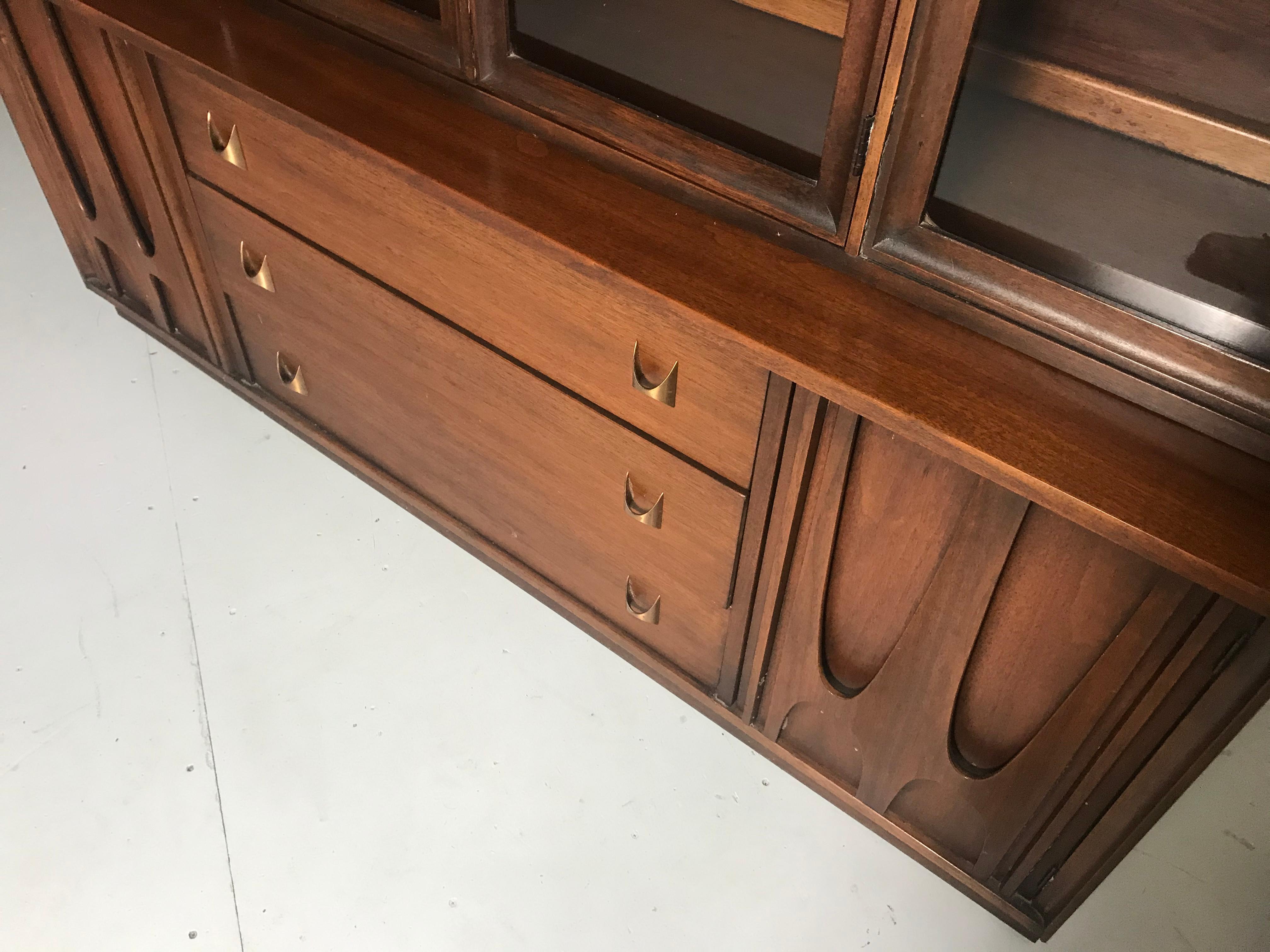 Brass Sculpted Walnut Credenza by Broyhill Brasilia with Detachable China Hutch