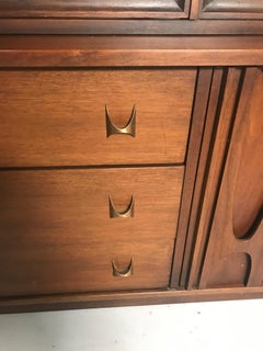 Sculpted Walnut Credenza by Broyhill Brasilia with Detachable China Hutch