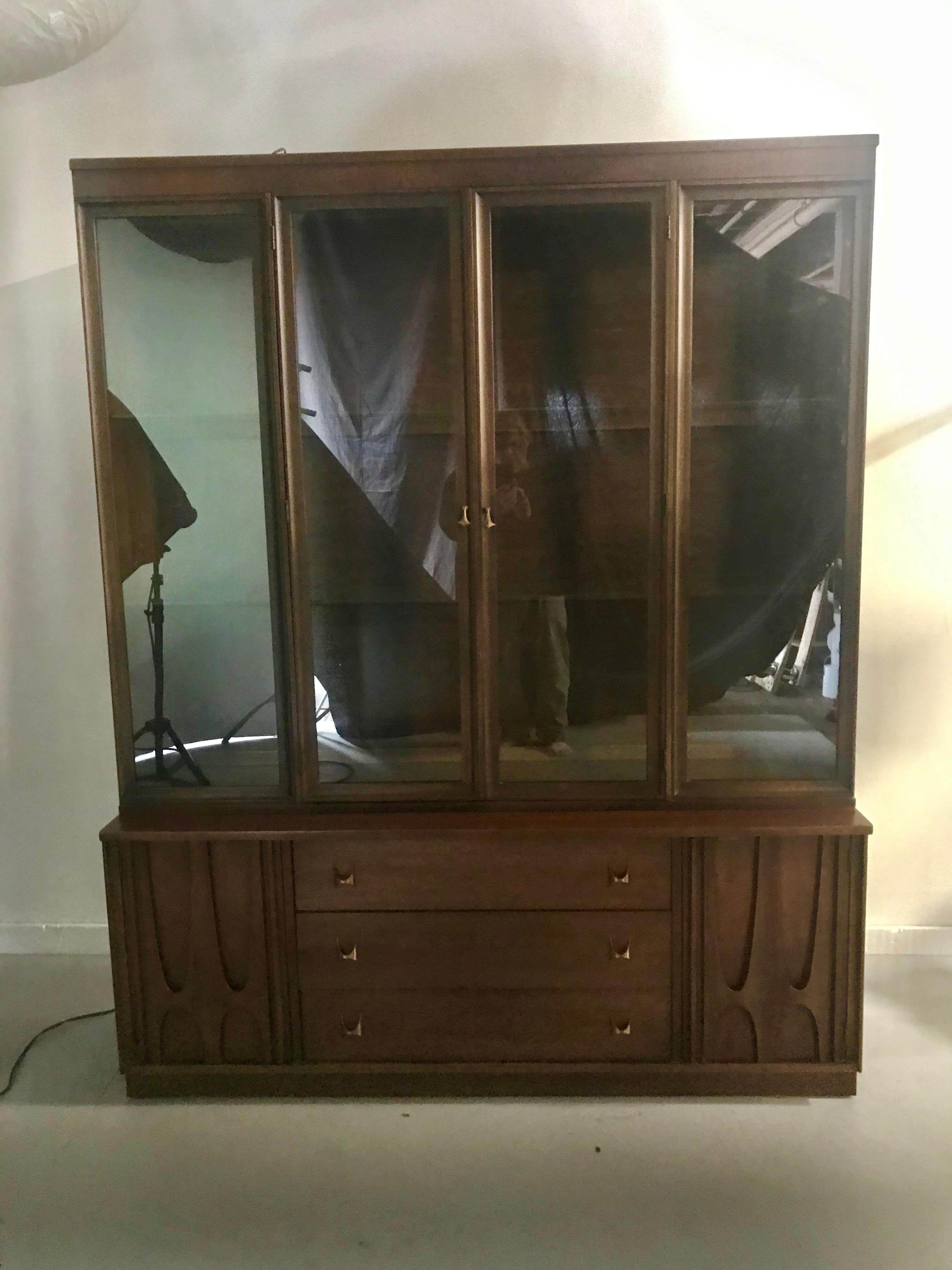 Mid-Century Modern Sculpted Walnut Credenza by Broyhill Brasilia with Detachable China Hutch