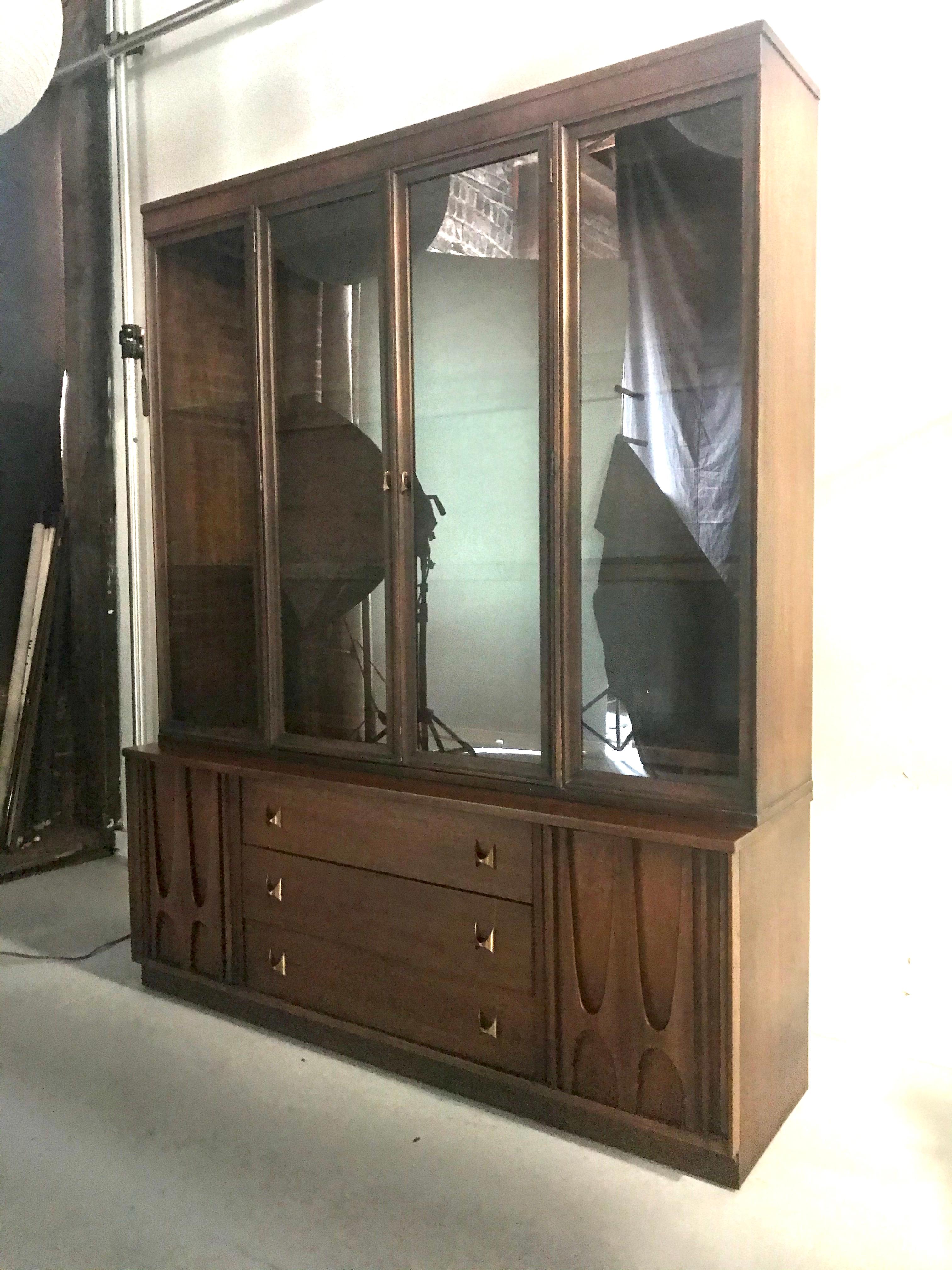 American Sculpted Walnut Credenza by Broyhill Brasilia with Detachable China Hutch